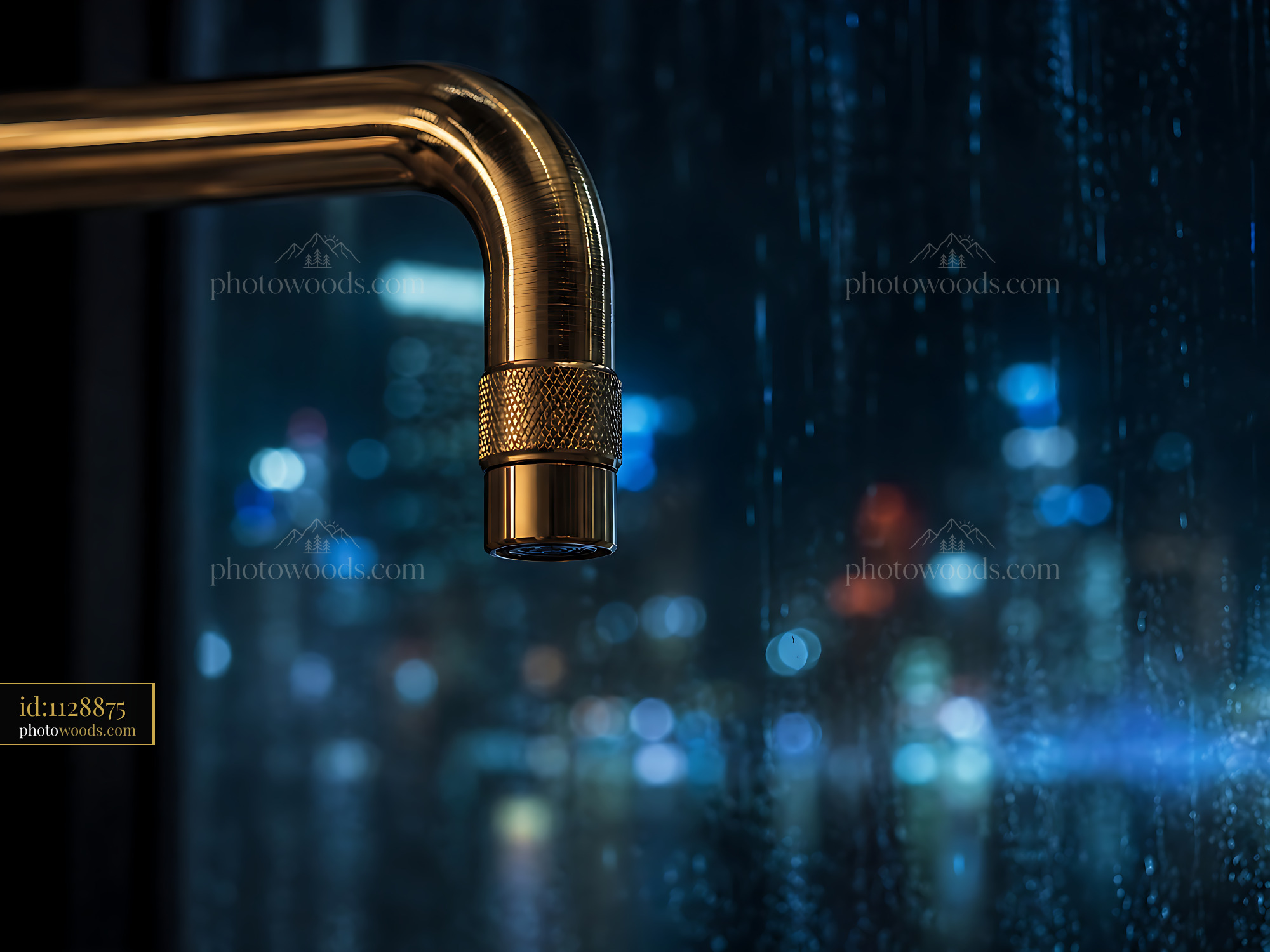 Faucet Dripping Water in Front of Blurred City Lights at Night