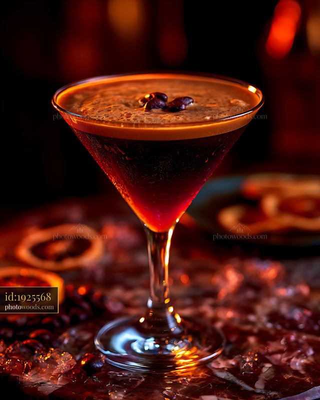 Dark cocktail in a martini glass with coffee beans