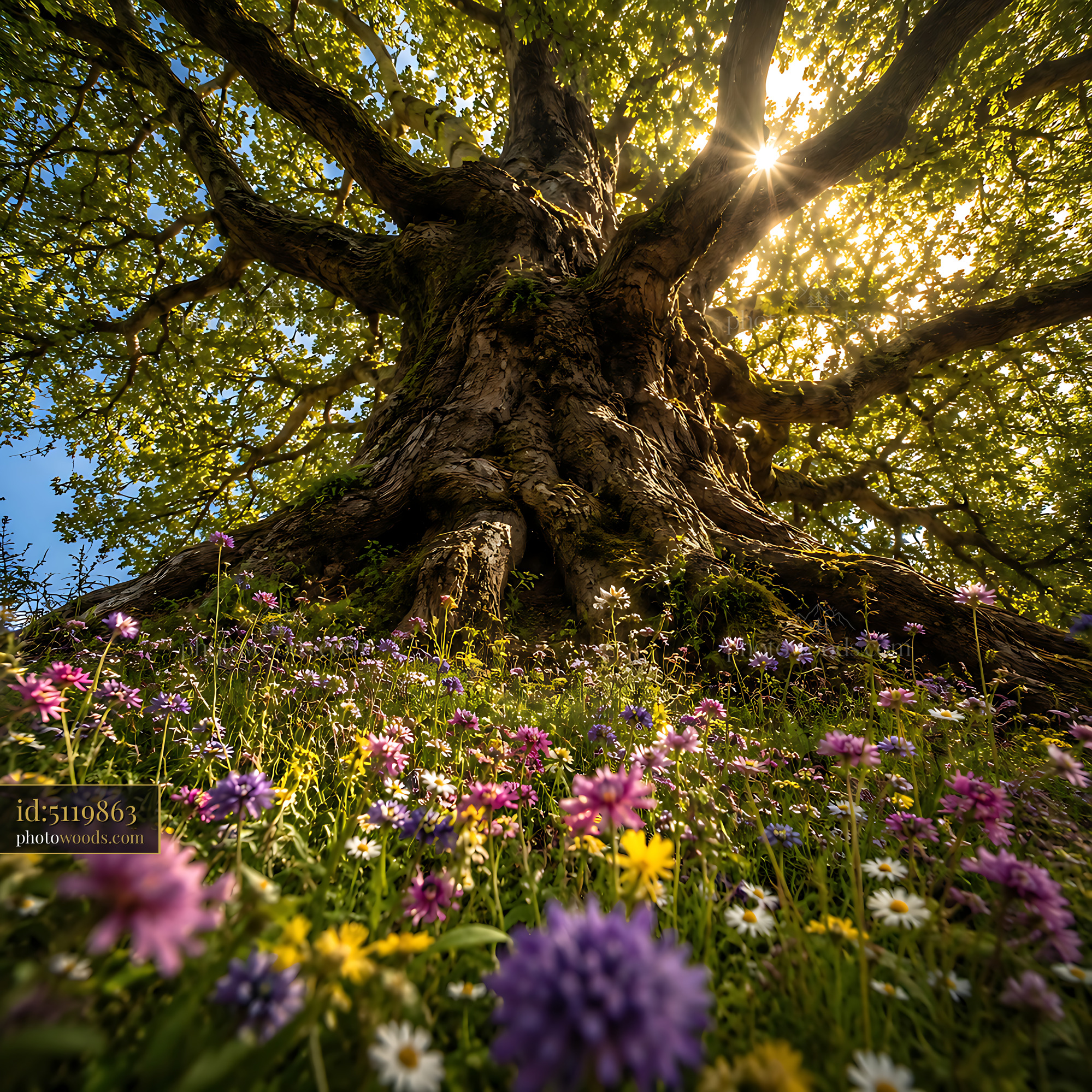 Large Tree Stands Tall Over Blooming Flowers in Sunny Day