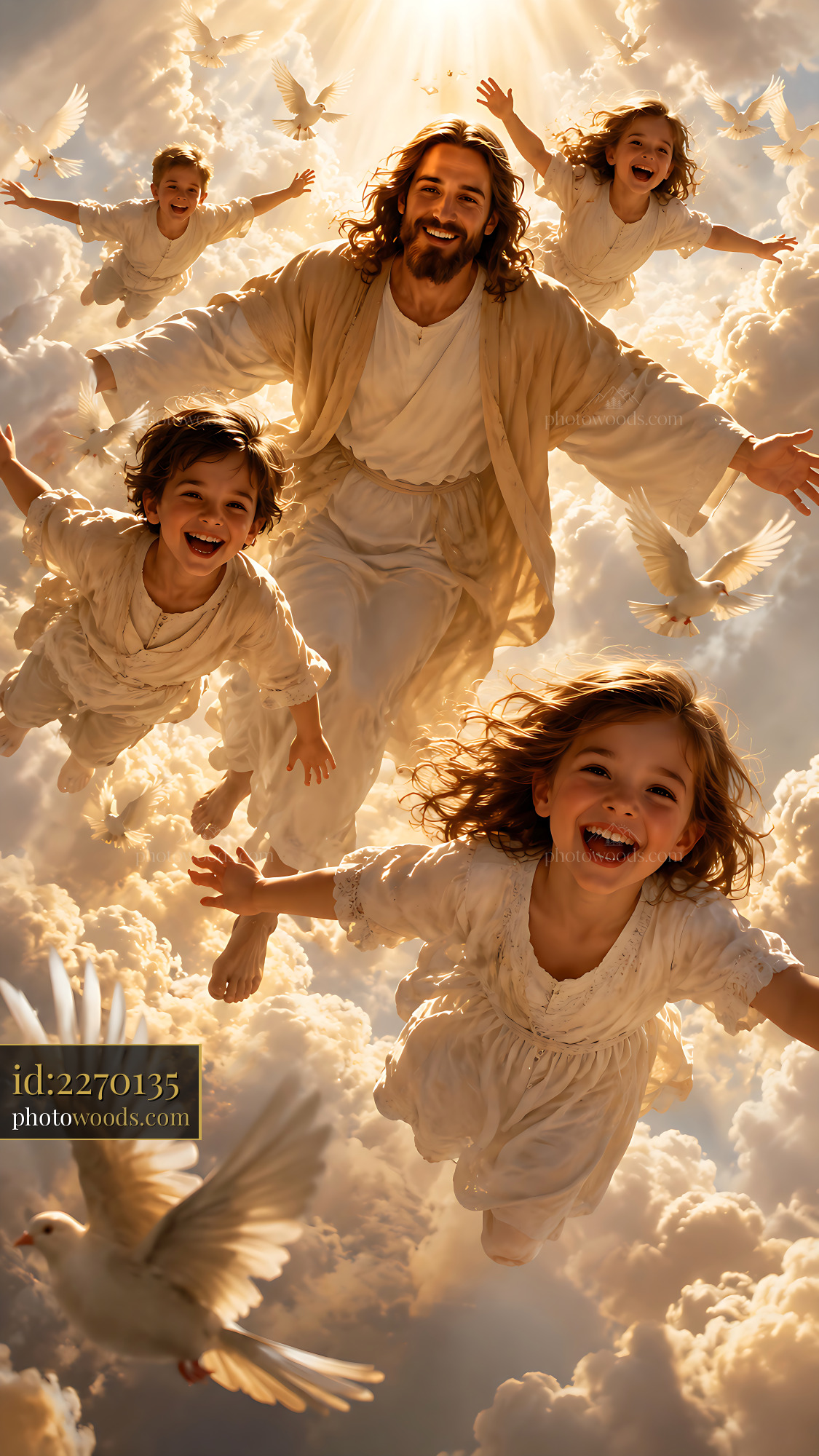 Jesus and Children Flying Together in Bright Clouds With Doves