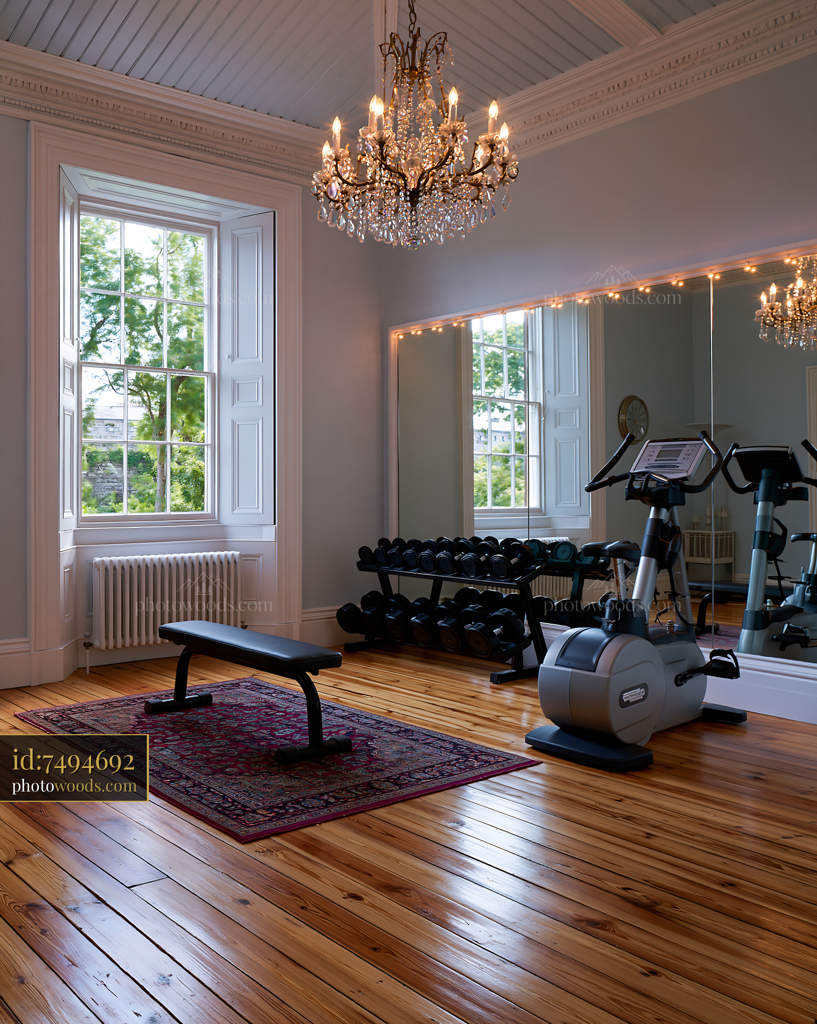 Private Gym With Mirrored Wall and Equipment in a Restored Space