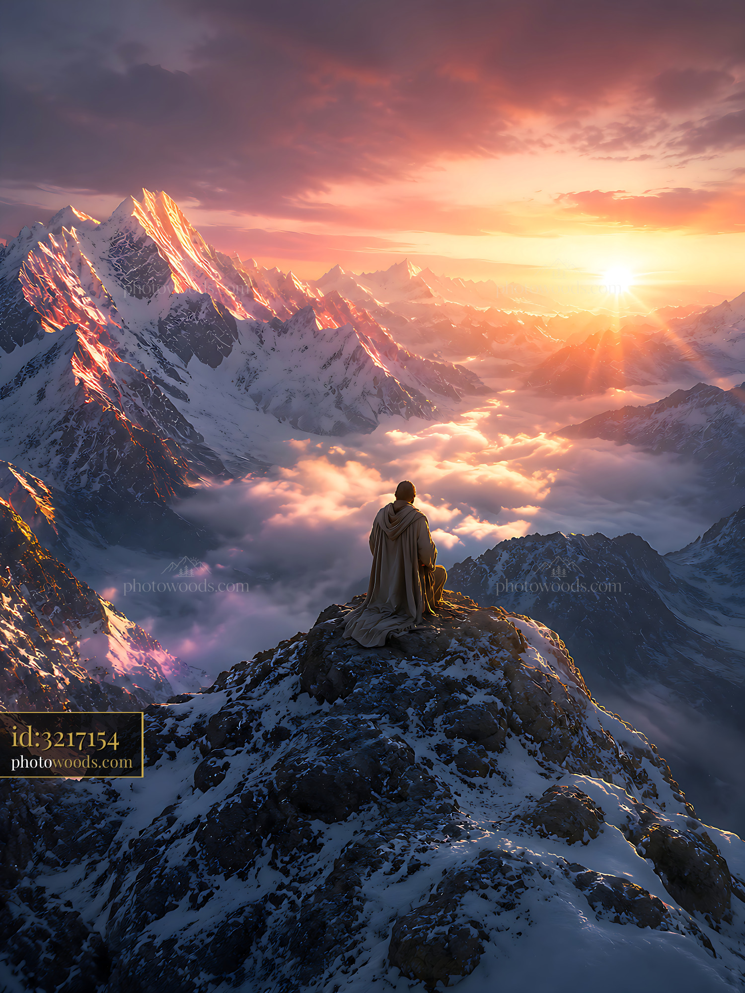 Mountain Peak View at Sunrise With Person Sitting Alone
