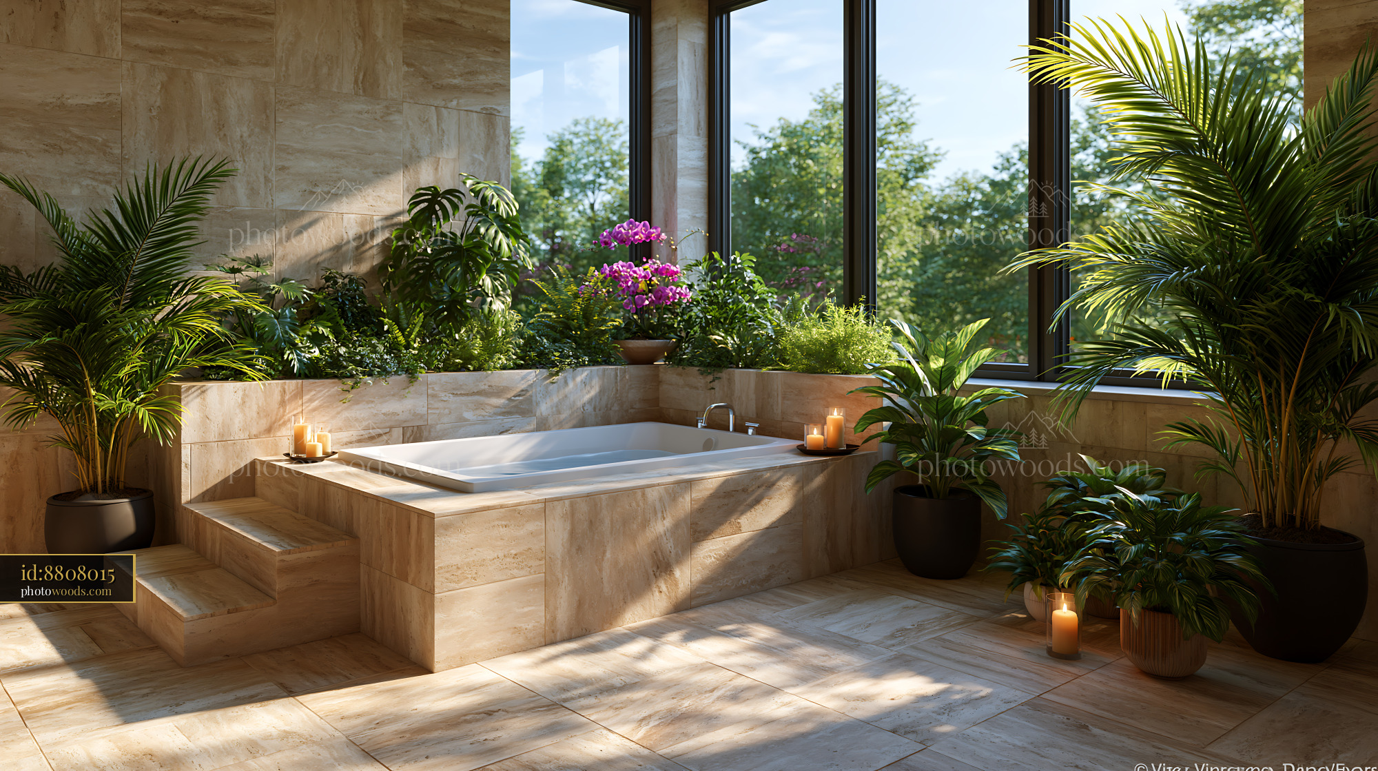 Minimalist Bathroom With Travertine and Plants in Natural Light