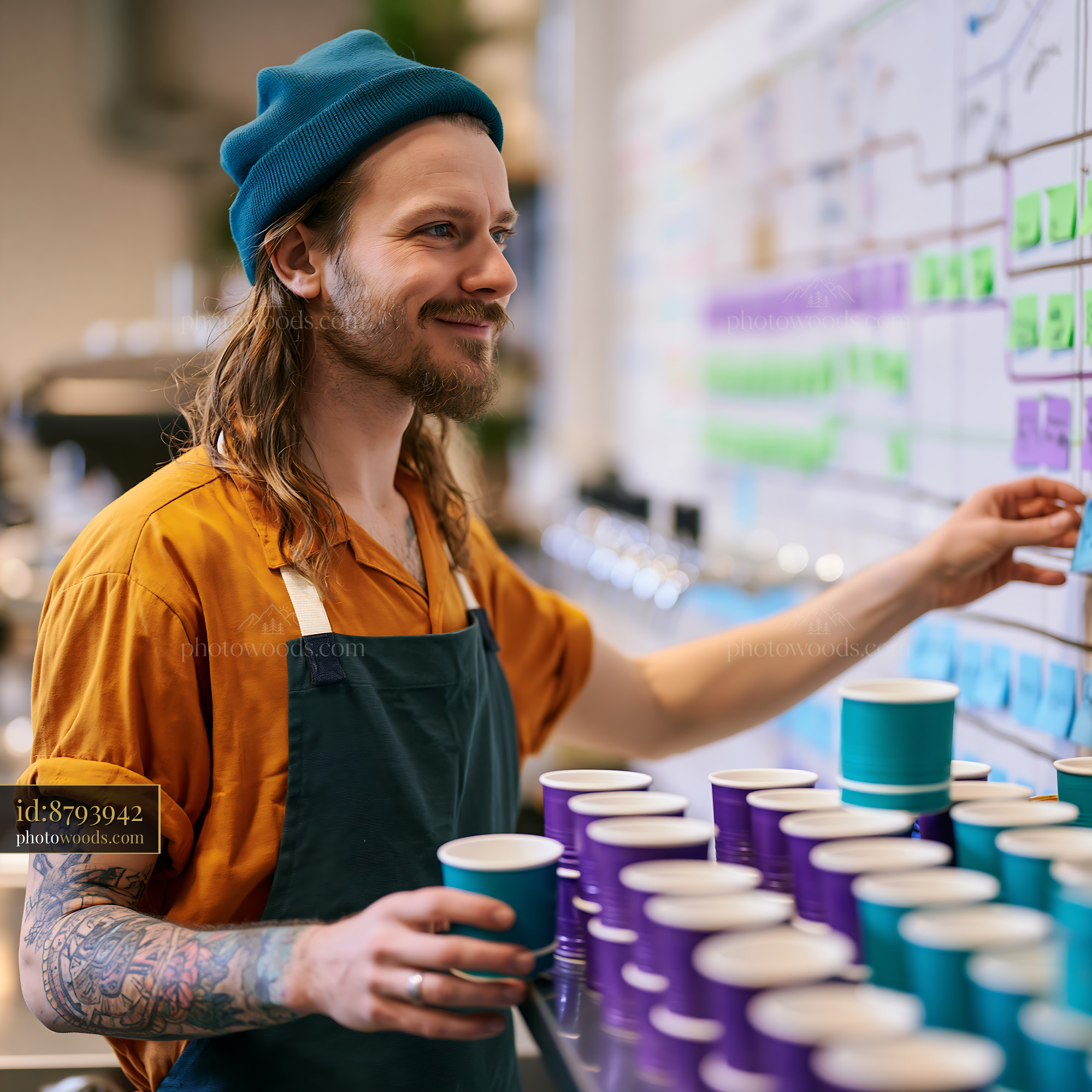 Barista Handling Reusable Deposit Cups in a Modern Cafe