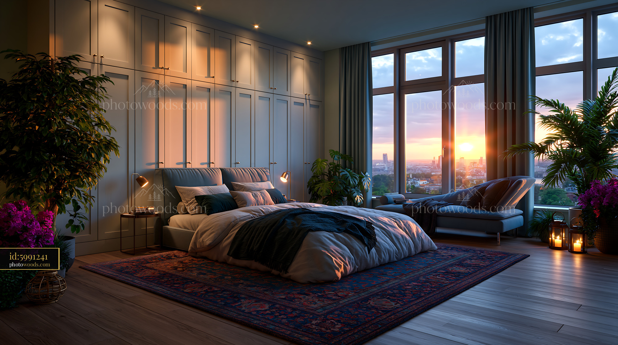 Modern Bedroom With Integrated Wardrobe Wall and Big Windows