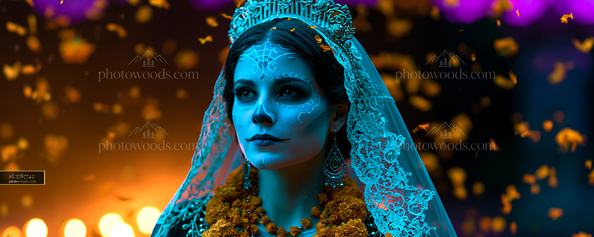 Woman in Catrina Makeup With Lace Mantilla During Celebration