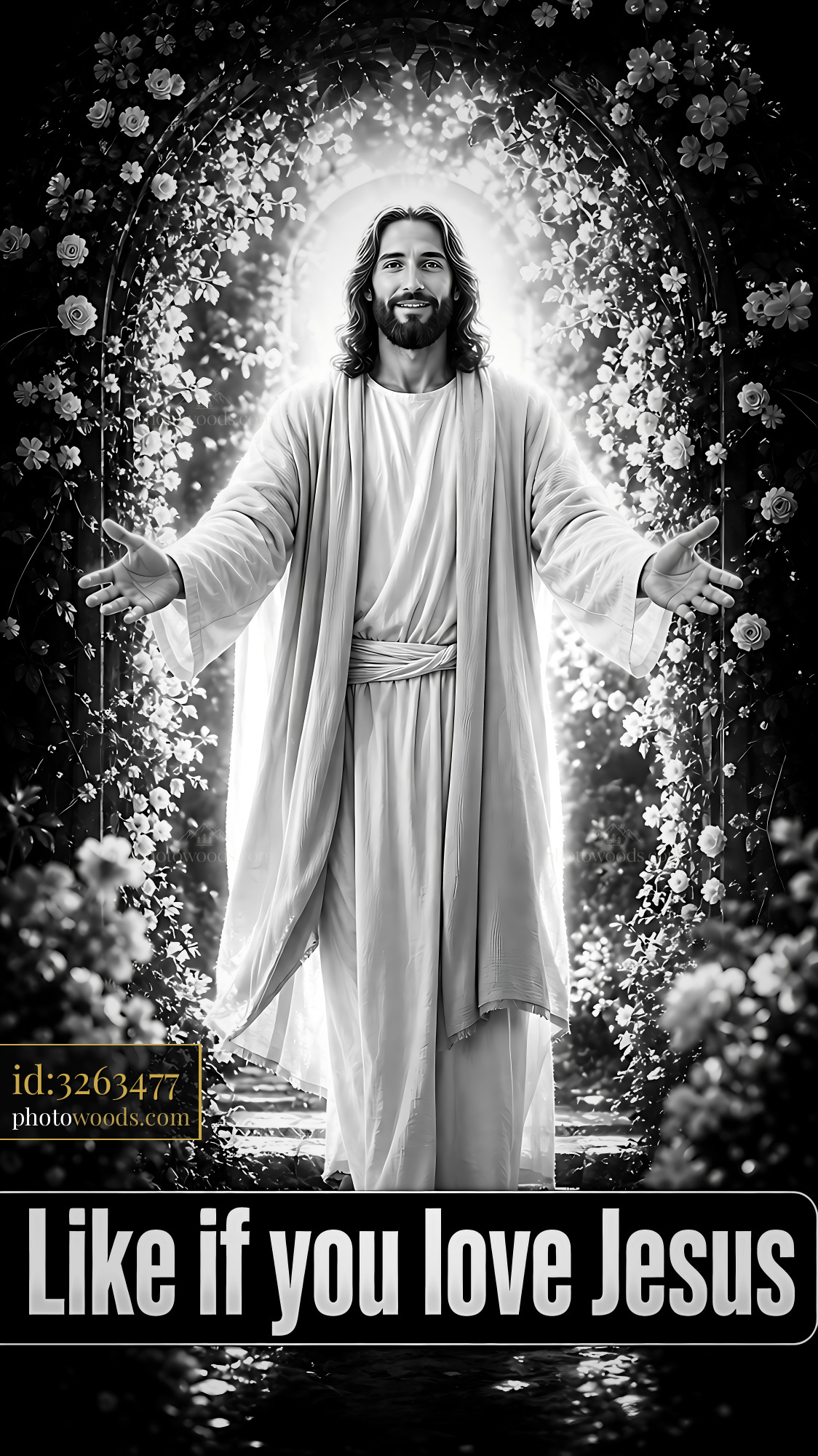 Jesus Stands With Open Arms Surrounded by Flowers and Light
