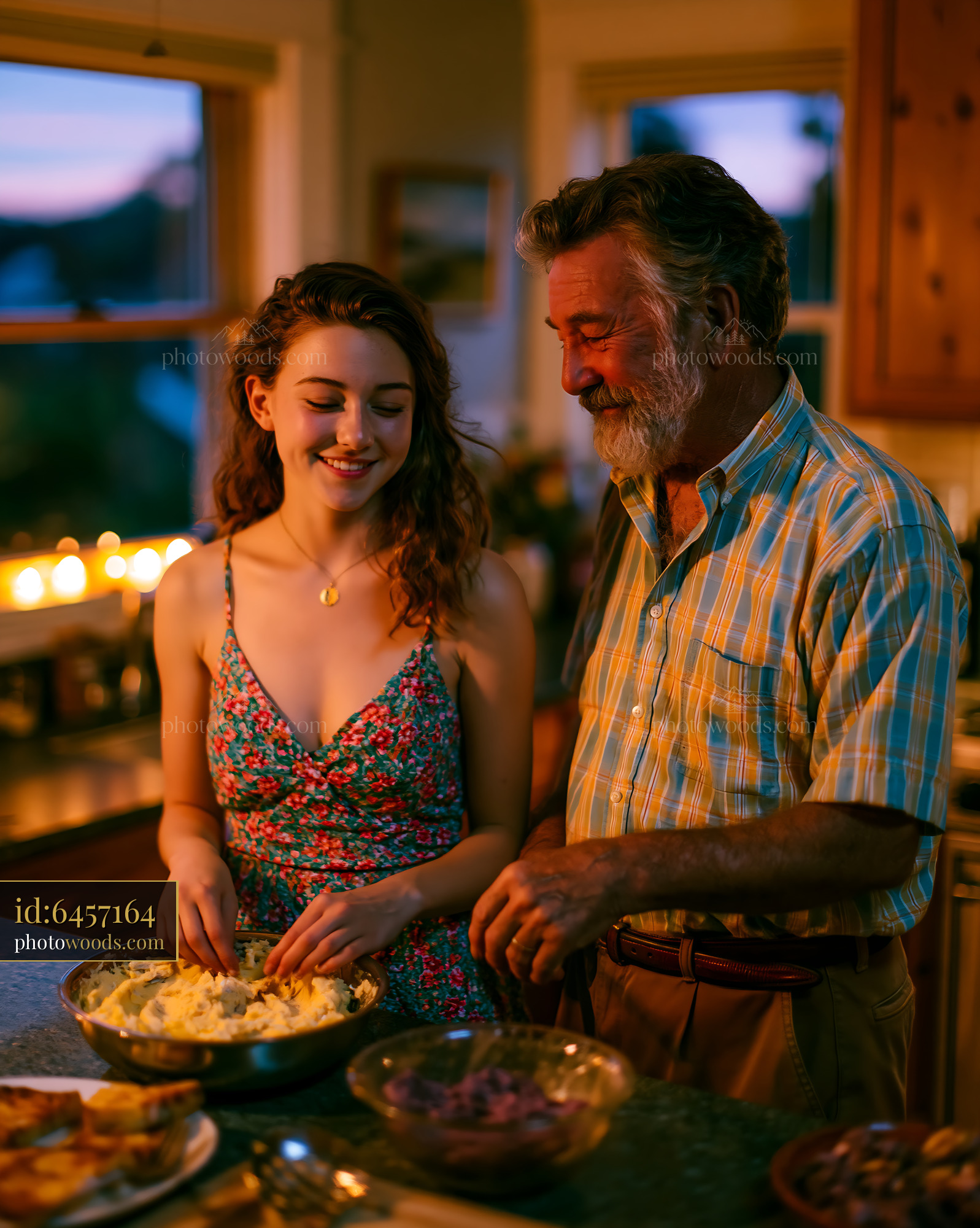 Grandfather and Granddaughter Baking Together in Kitchen at Sunset