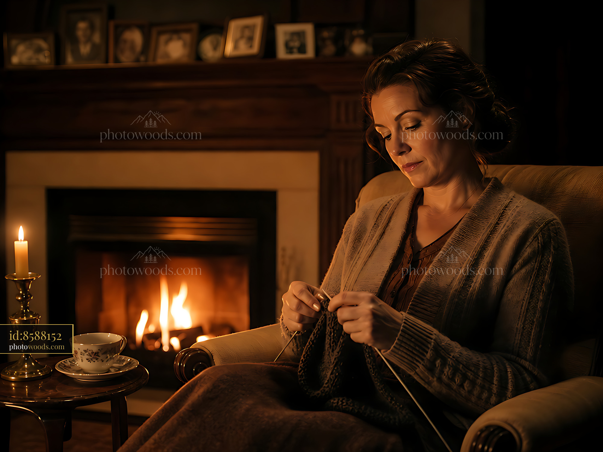 Woman Knitting by Candlelight While Sitting in a Cozy Chair