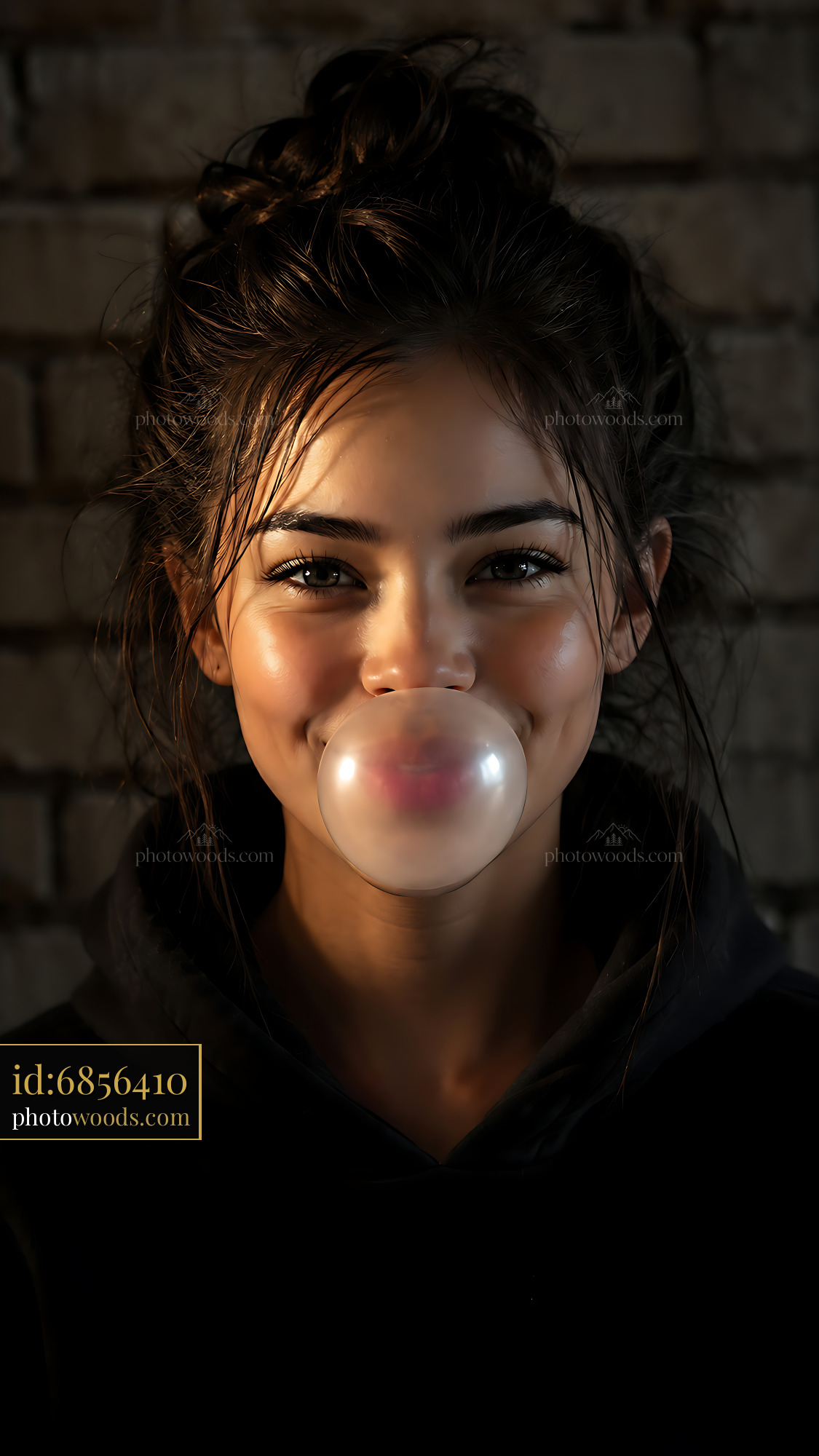 Young Woman Blowing Bubble Gum in Front of a Brick Wall