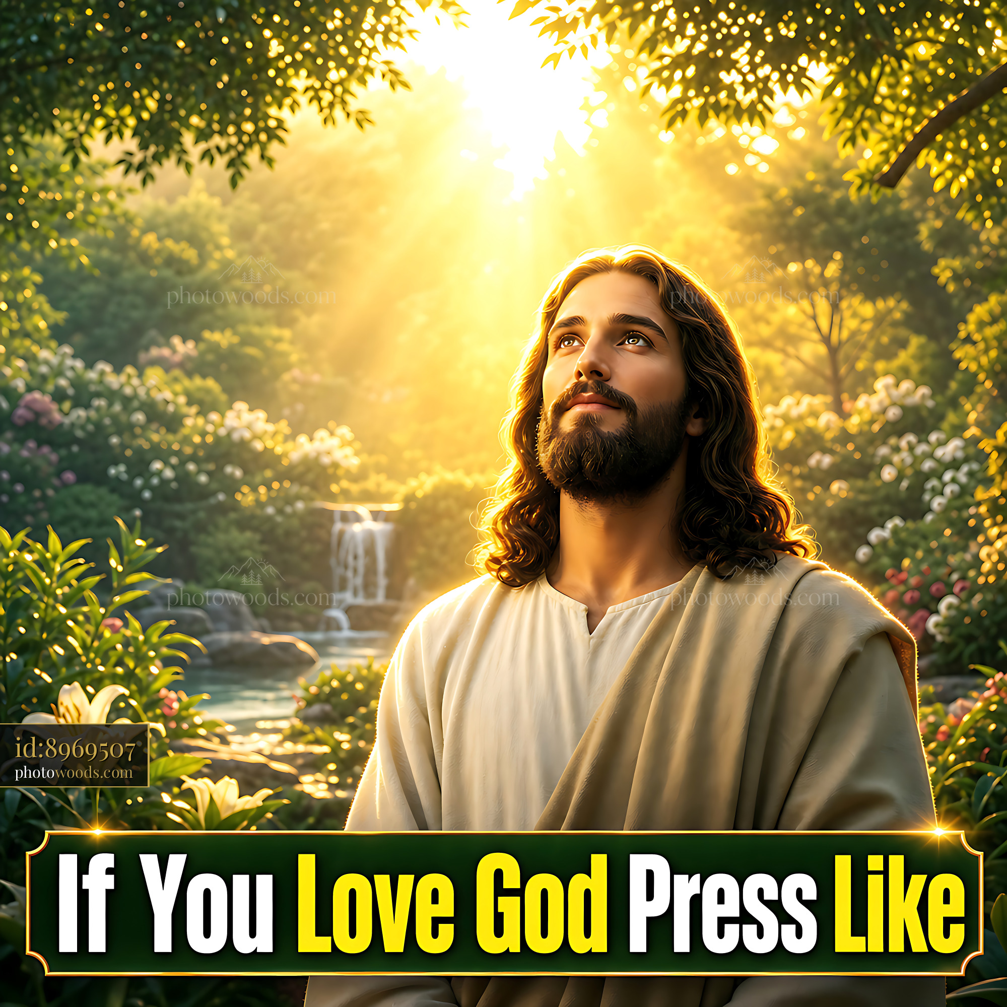 Jesus Gazes Upward in a Lush Garden Under Bright Sunlight