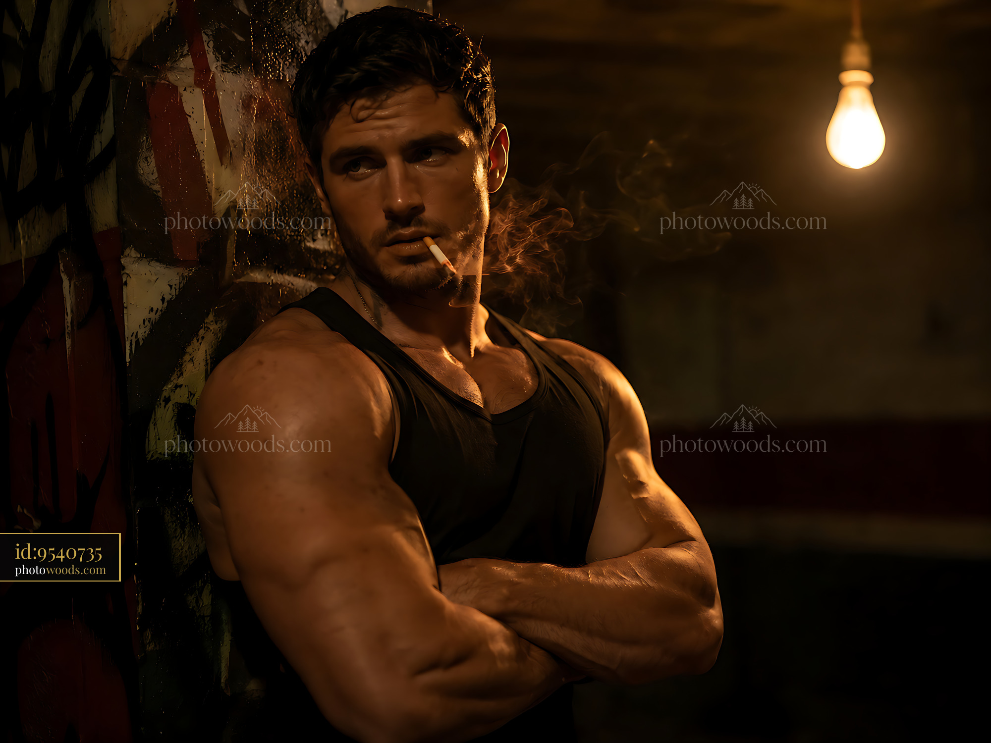 Muscular Man Leaning Against Wall in Dim Light With Cigarette