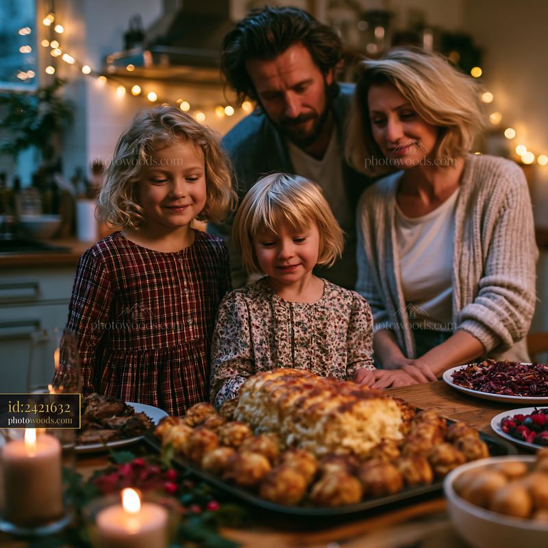 Family Preparing Traditional Festive Food Together at Home
