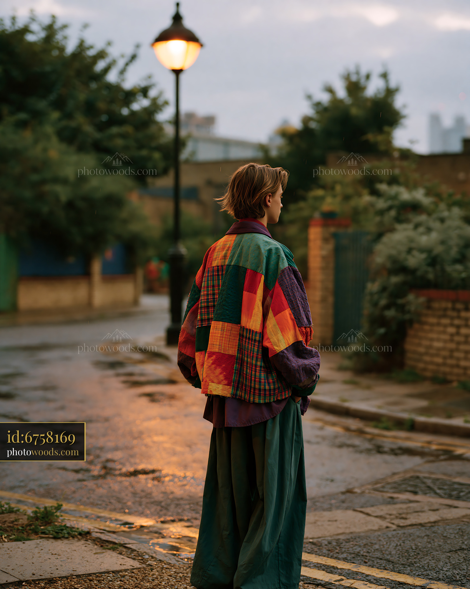Androgynous Model in Deconstructed Patchwork Outfit on Street