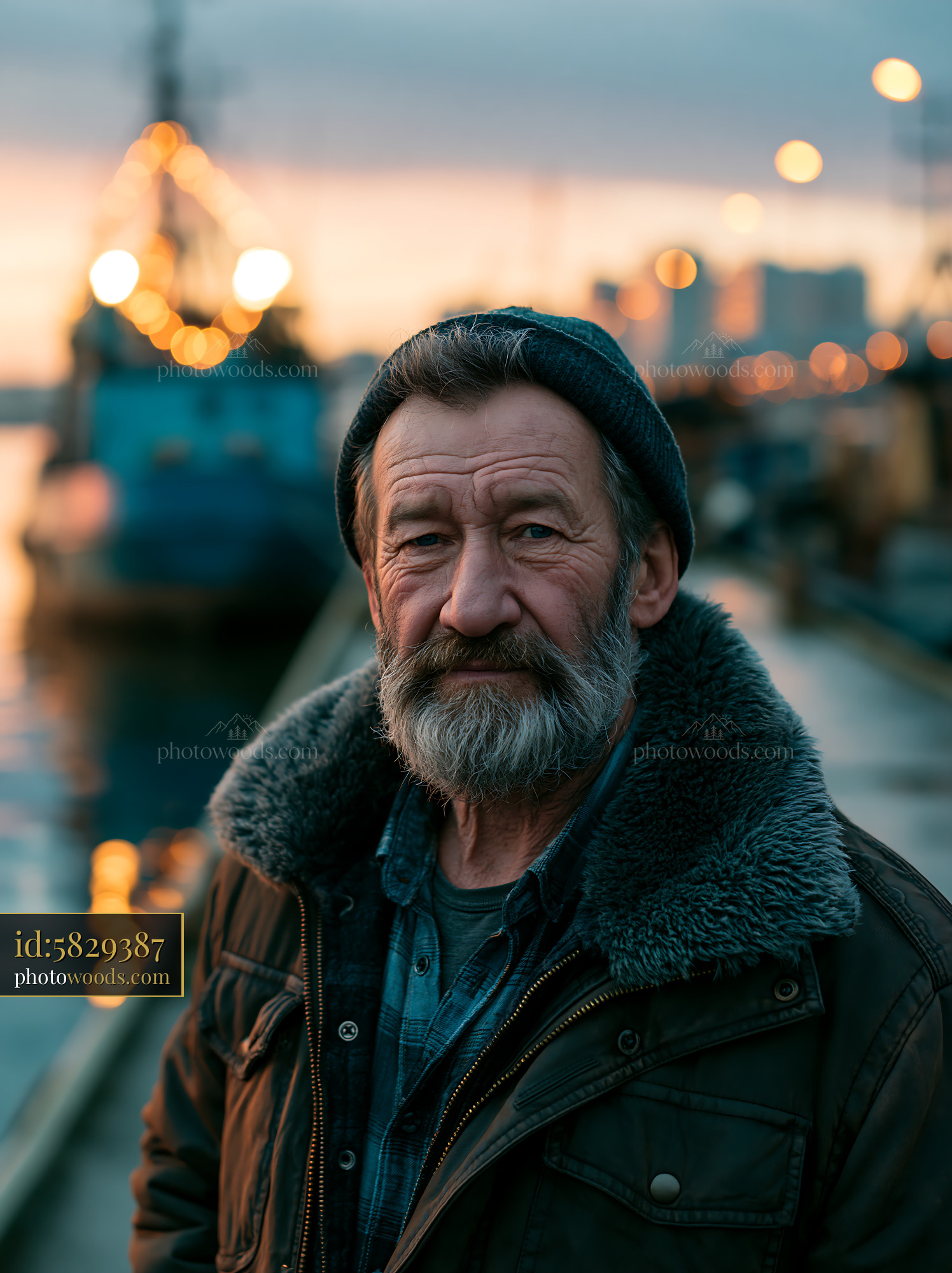 Grizzled Fisherman With Weathered Skin at Sunset by the Dock