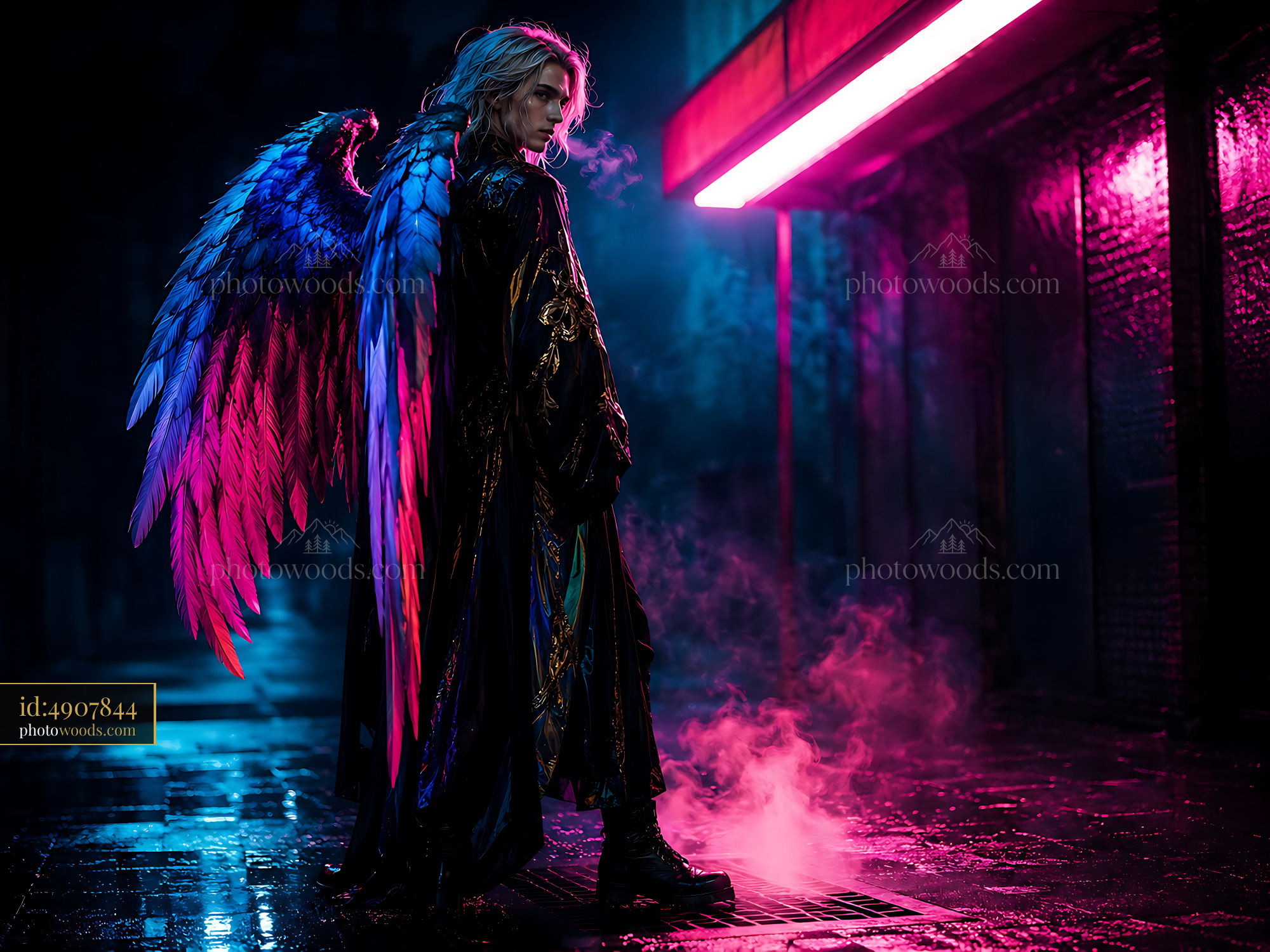 Person With Wings Stands in a Dark Alley With Neon Lights