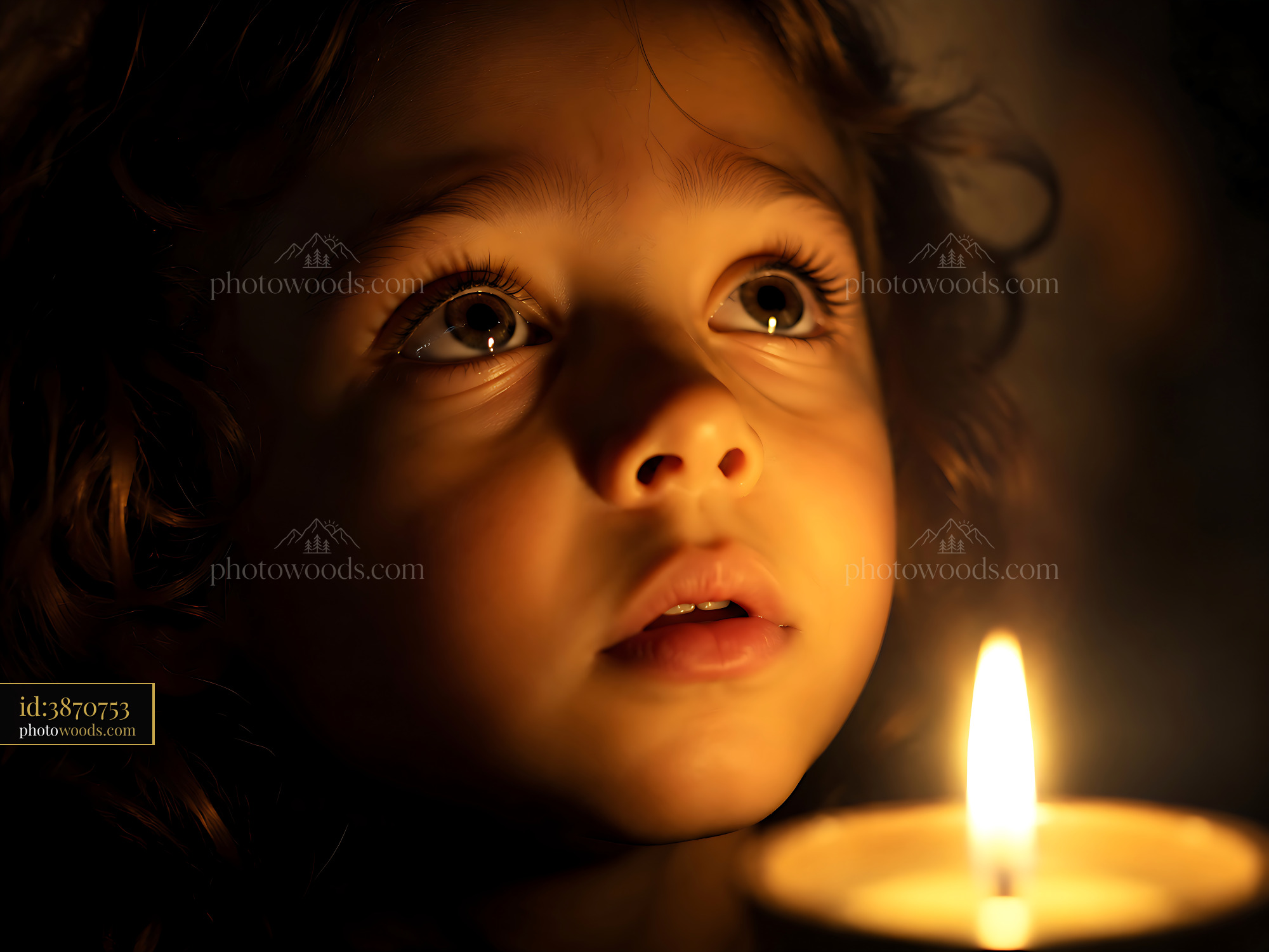 Child Gazes at Candle Flame With Wonder in Dim Light