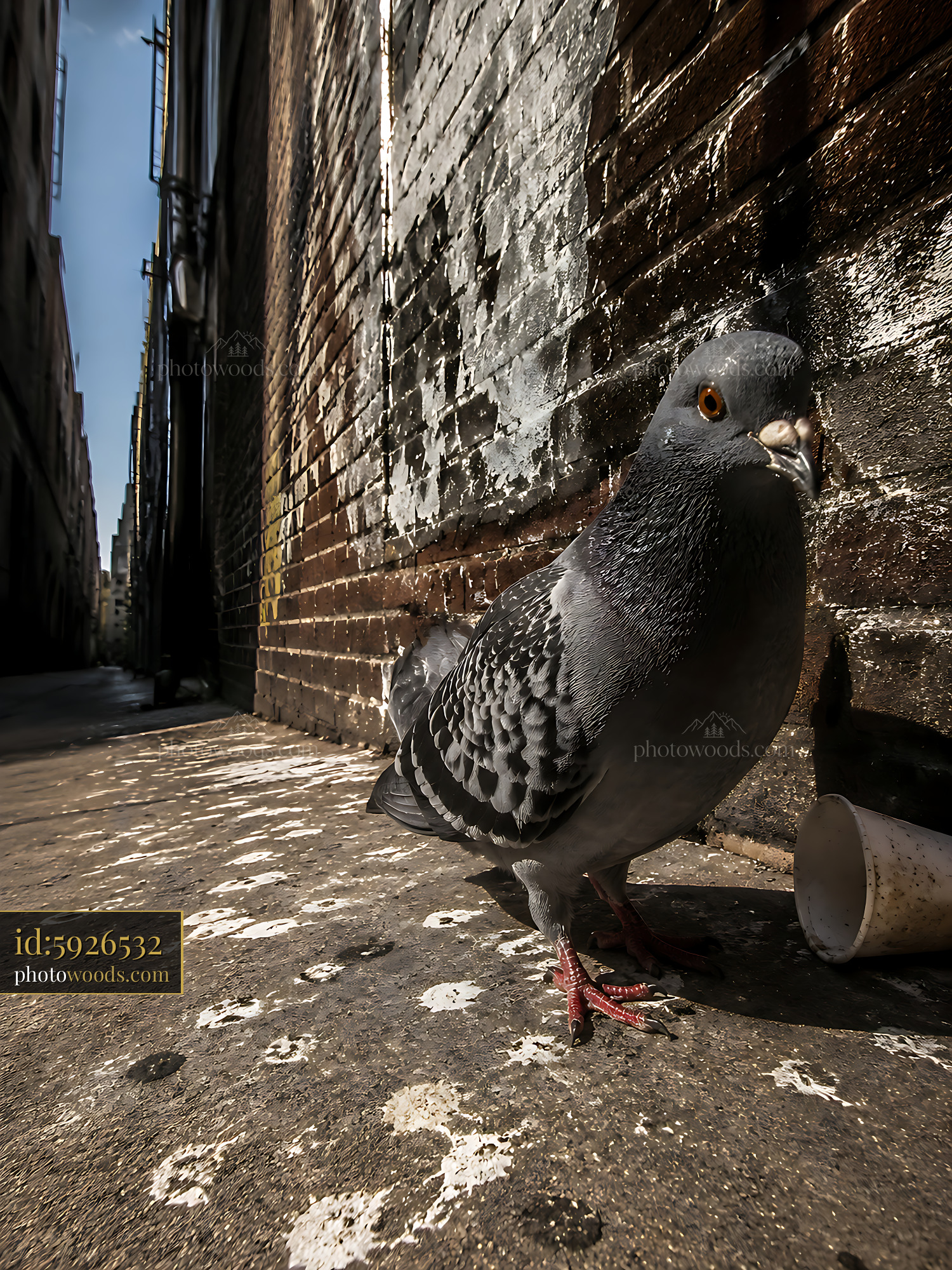 Pigeon Walking on a Sidewalk Next to a Cup in an Alleyway