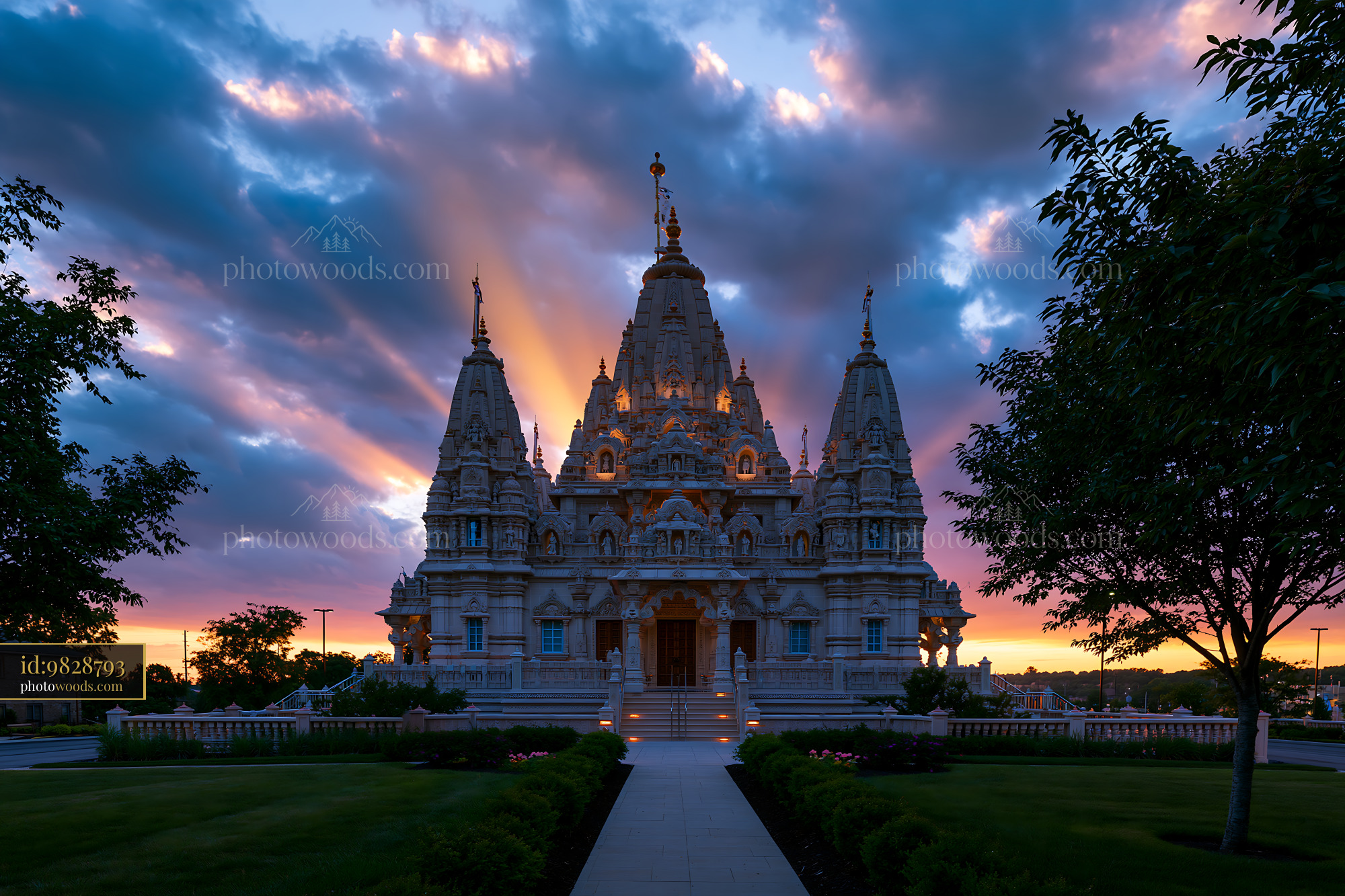 BAPS Swaminarayan Mandir at Sunset in Bartlett, Illinois