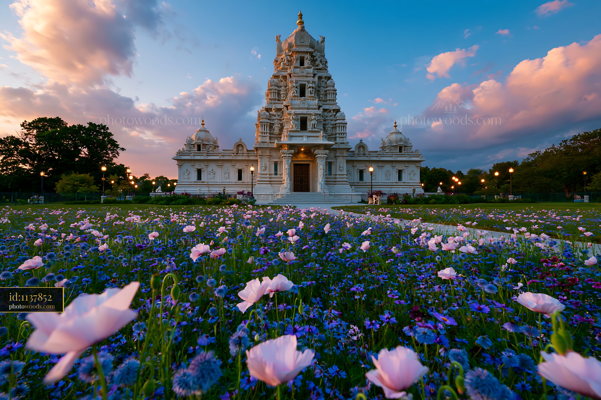 BAPS Shri Swaminarayan Mandir With Flowers at Sunset in the Garden