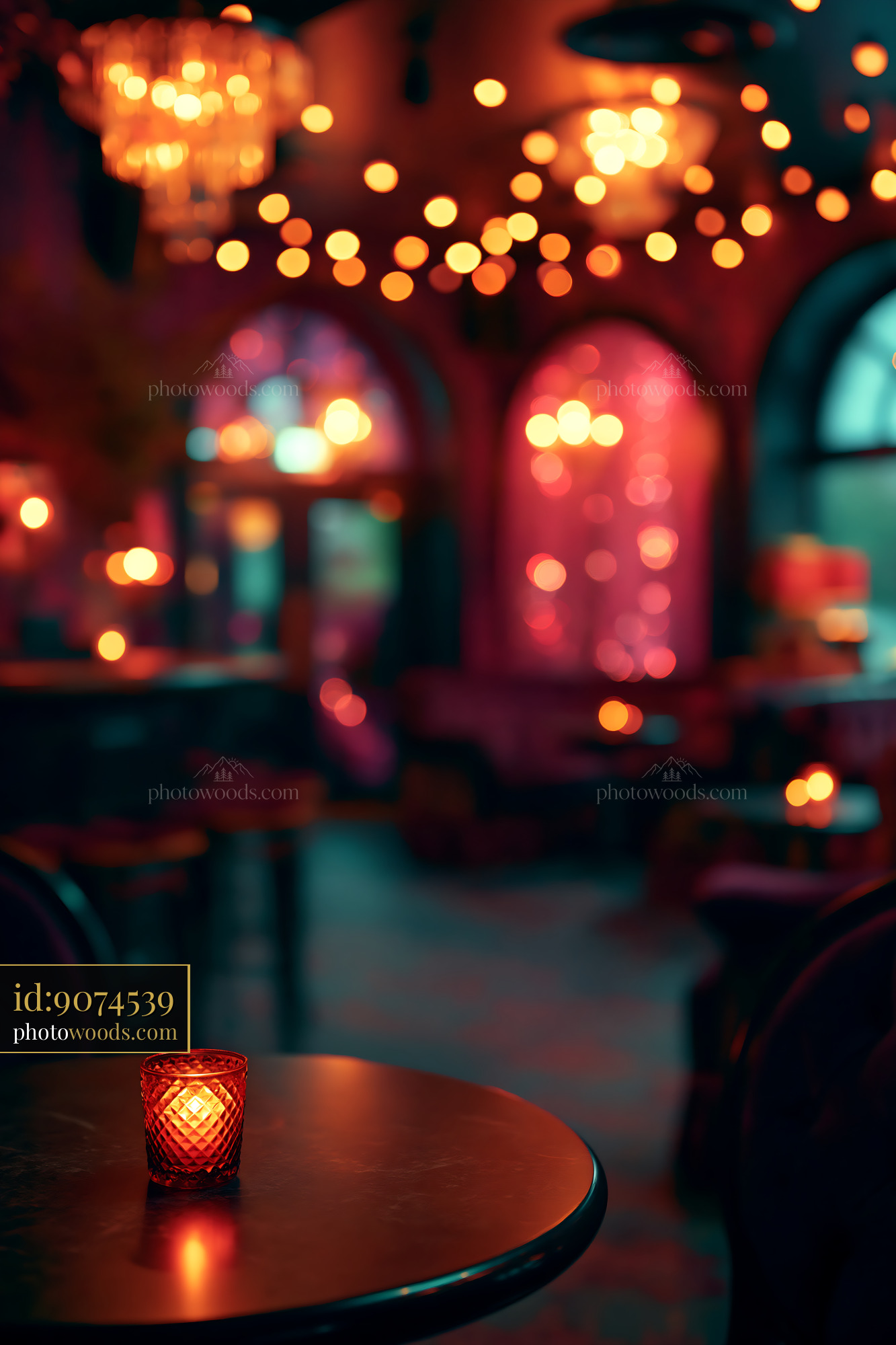 Candle on Table in Dimly Lit Bar With Warm Light and Decor