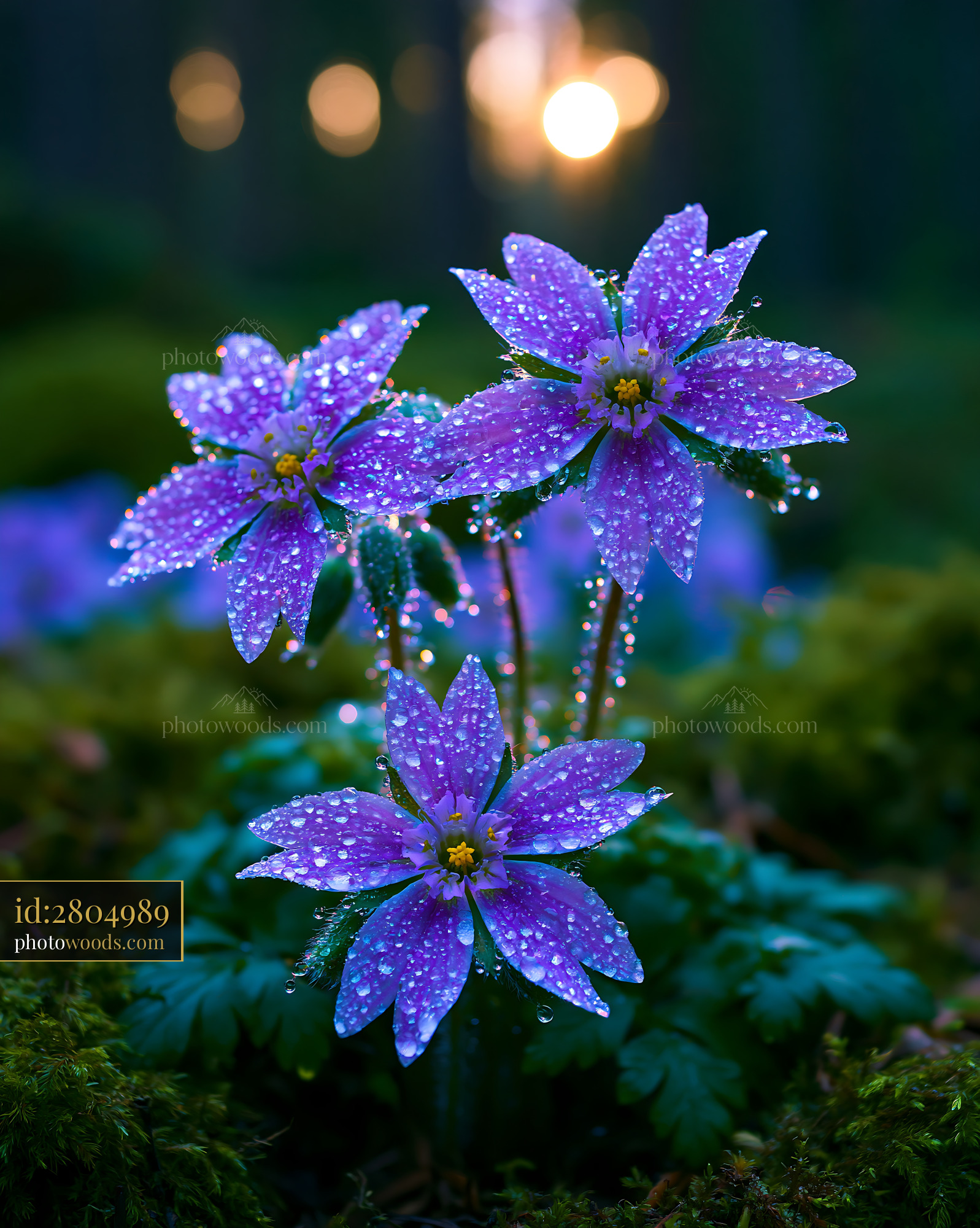 Purple Flowers With Dew in Forest Setting During Sunset