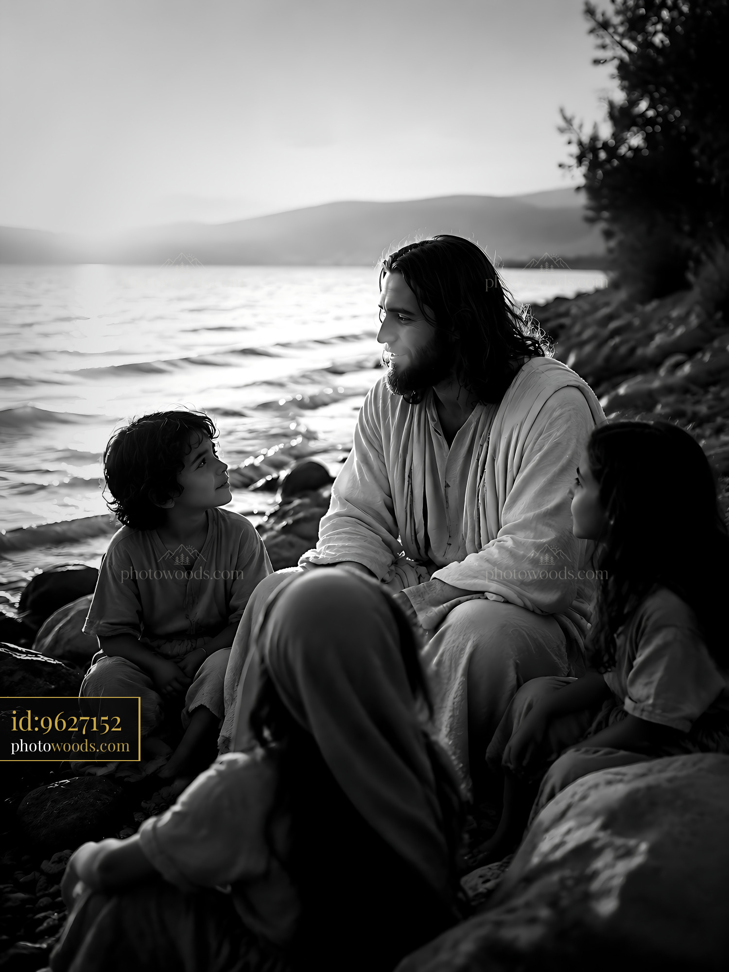 Jesus Teaches Children by the Water During Sunset