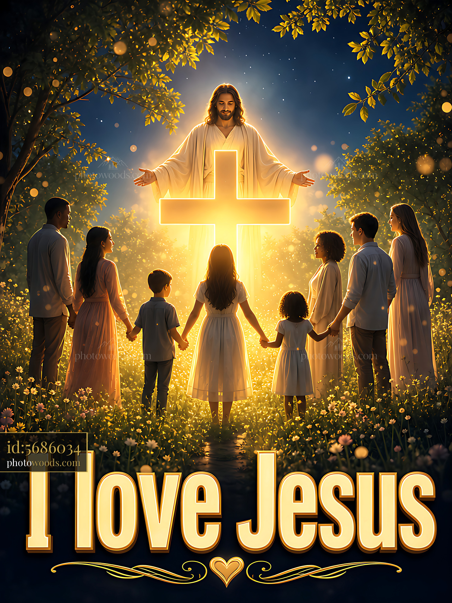Jesus Stands With a Group of People Around a Glowing Cross
