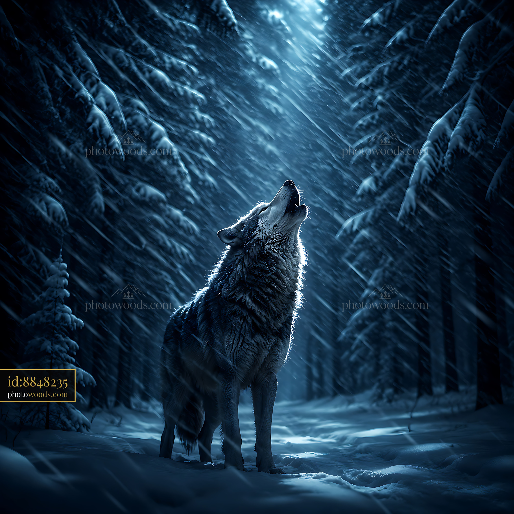 Wolf Howls Under Moonlight in Snowy Forest During Nighttime