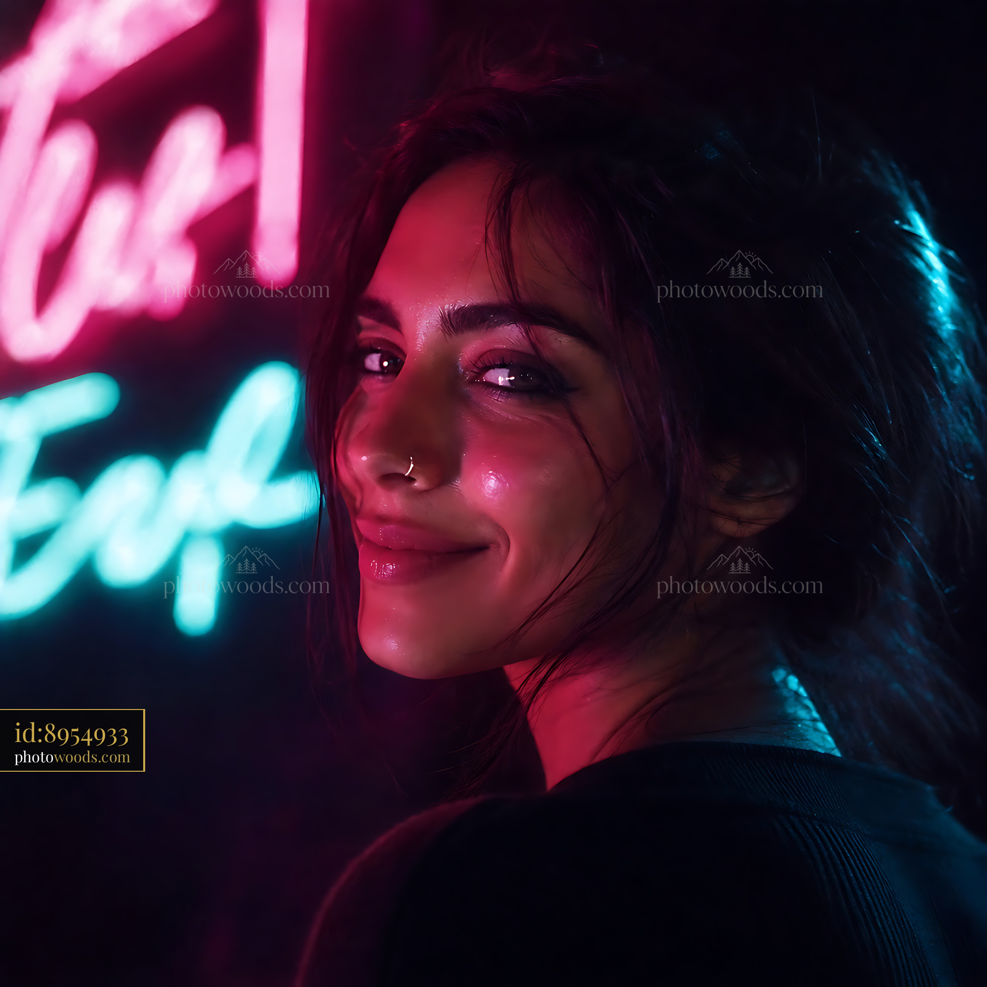 Woman Smiles in Front of Colorful Neon Lights at Night
