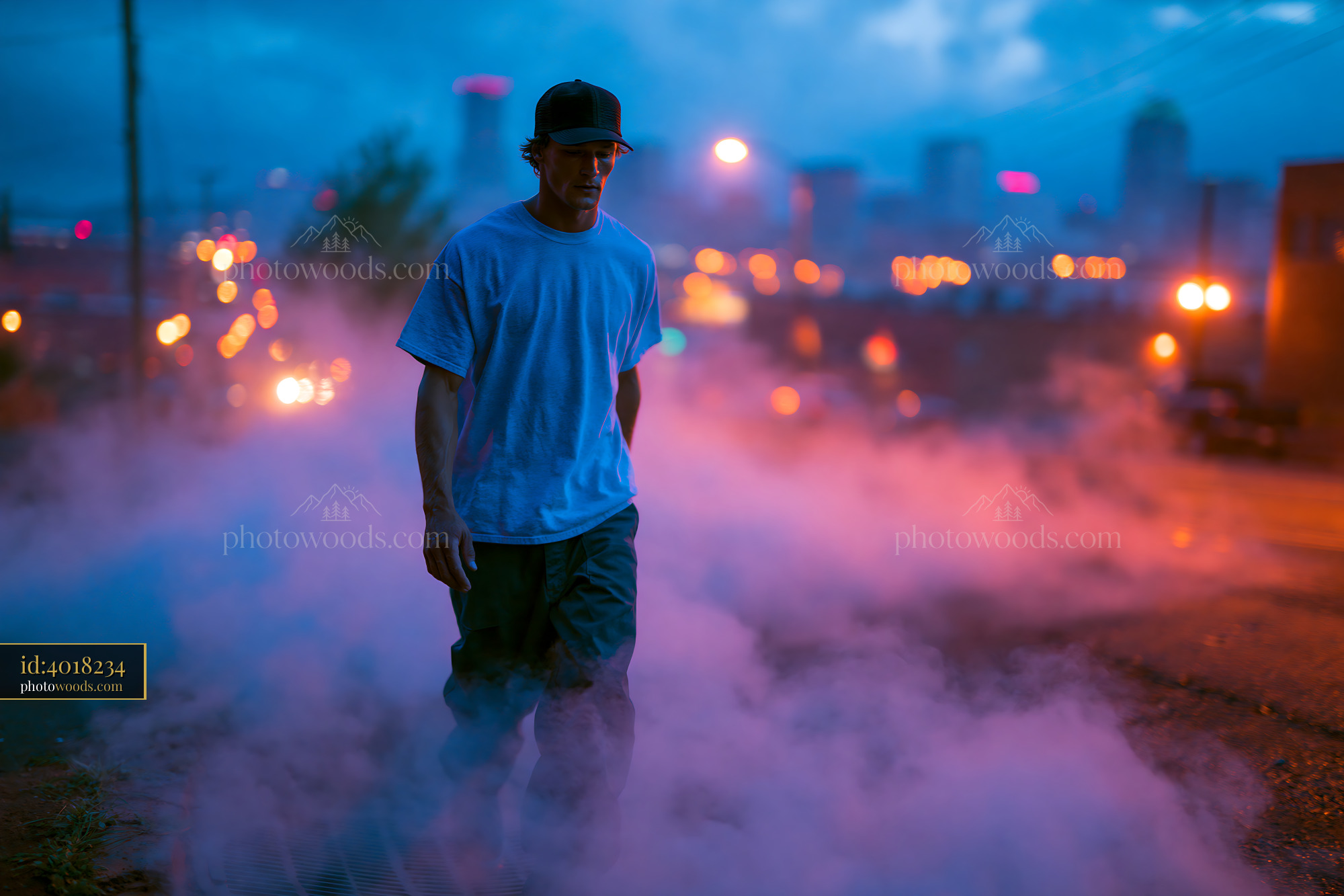 Skater Man Walking Through Fog in Urban Setting at Dusk