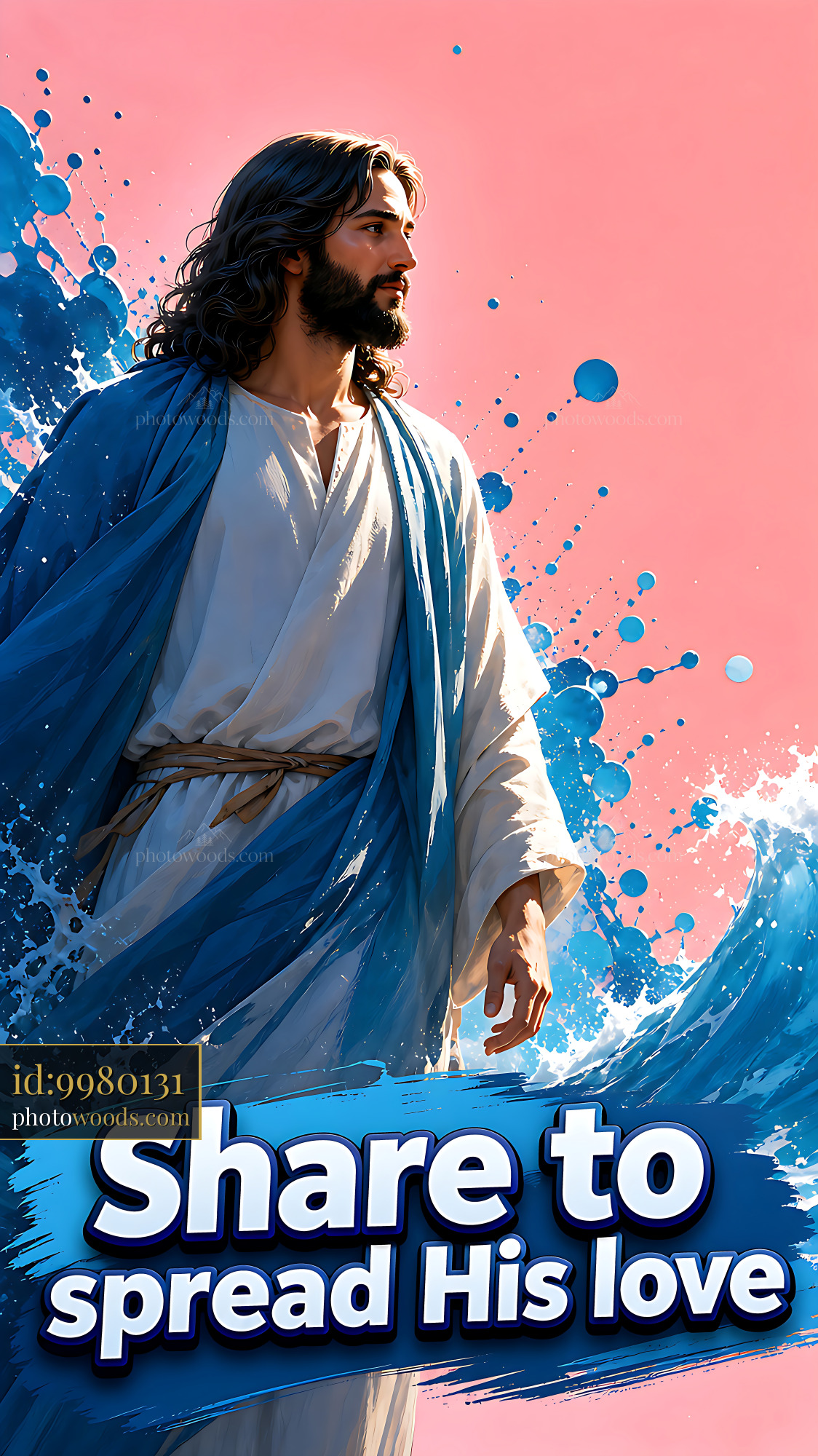 Figures Walking by Waves on Colorful Background With Message