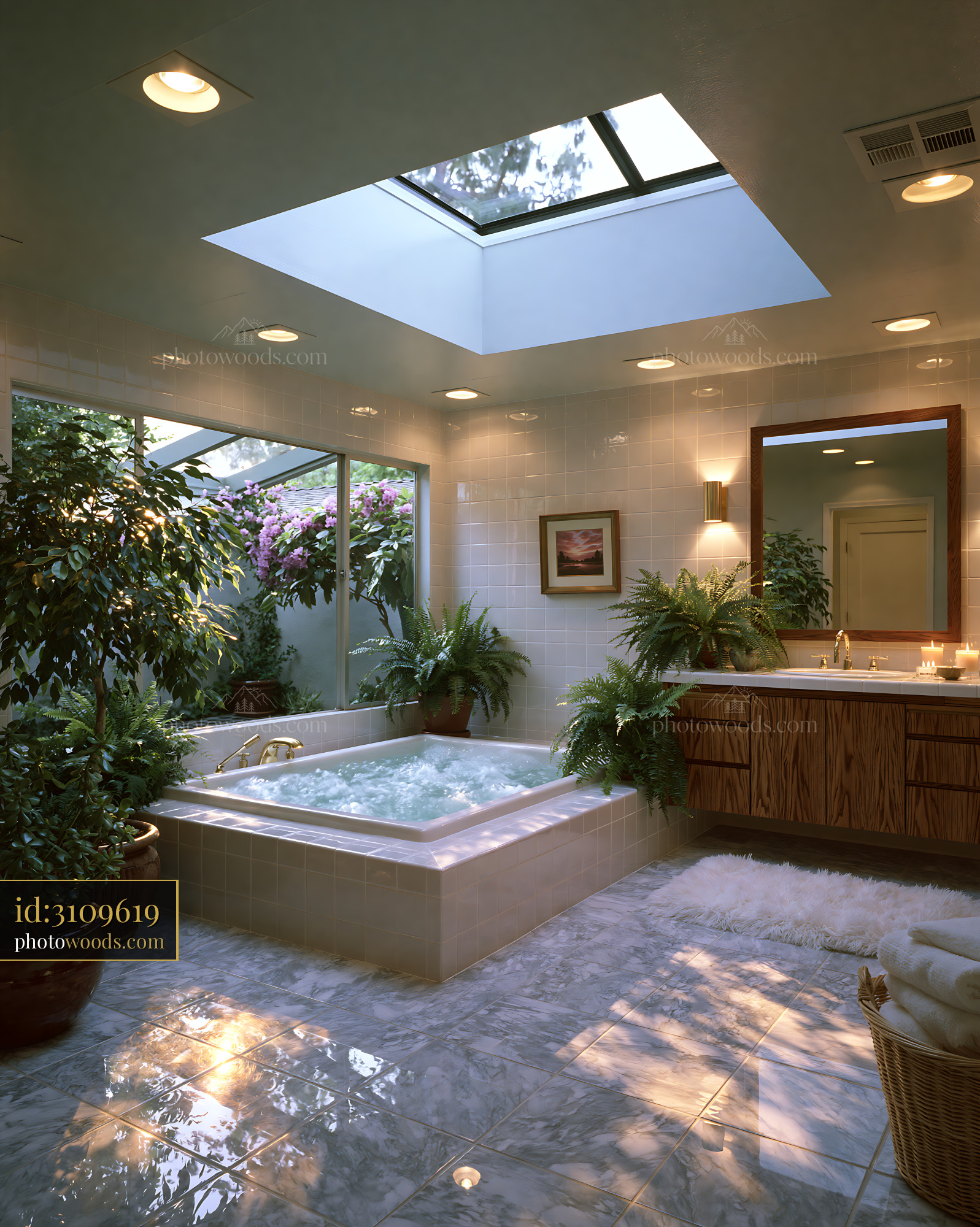 Modern Bathroom With Sunken Tub and Skylight in Tranquil Setting