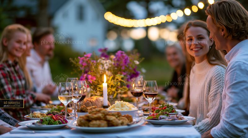 Friends Celebrating Midsummer at a Long Outdoor Table