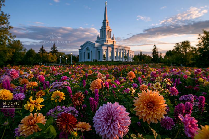 Flowers blooming in front of a church at sunset