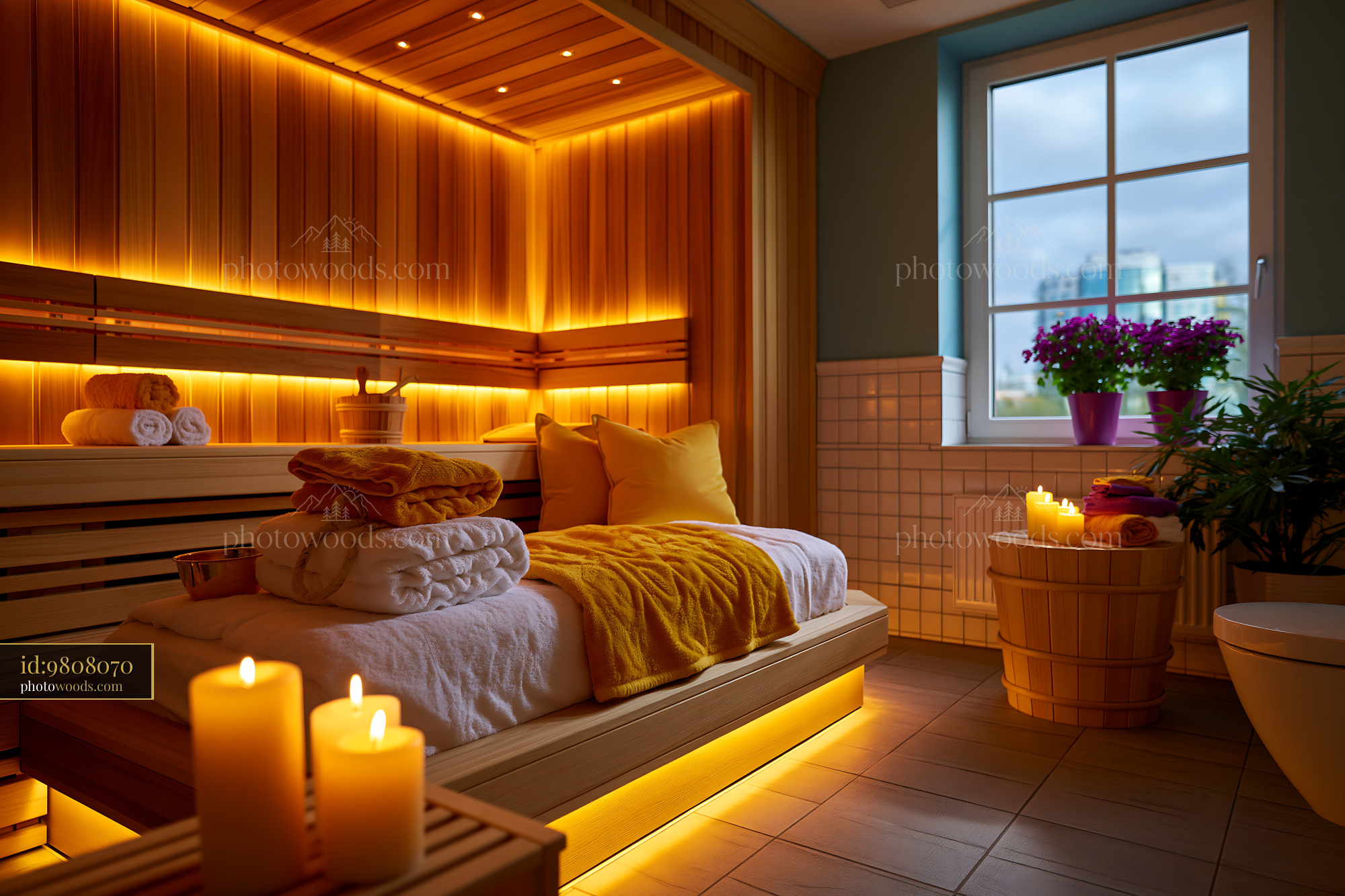 Wellness Bathroom With Sauna and Warm Lighting in Modern Setting