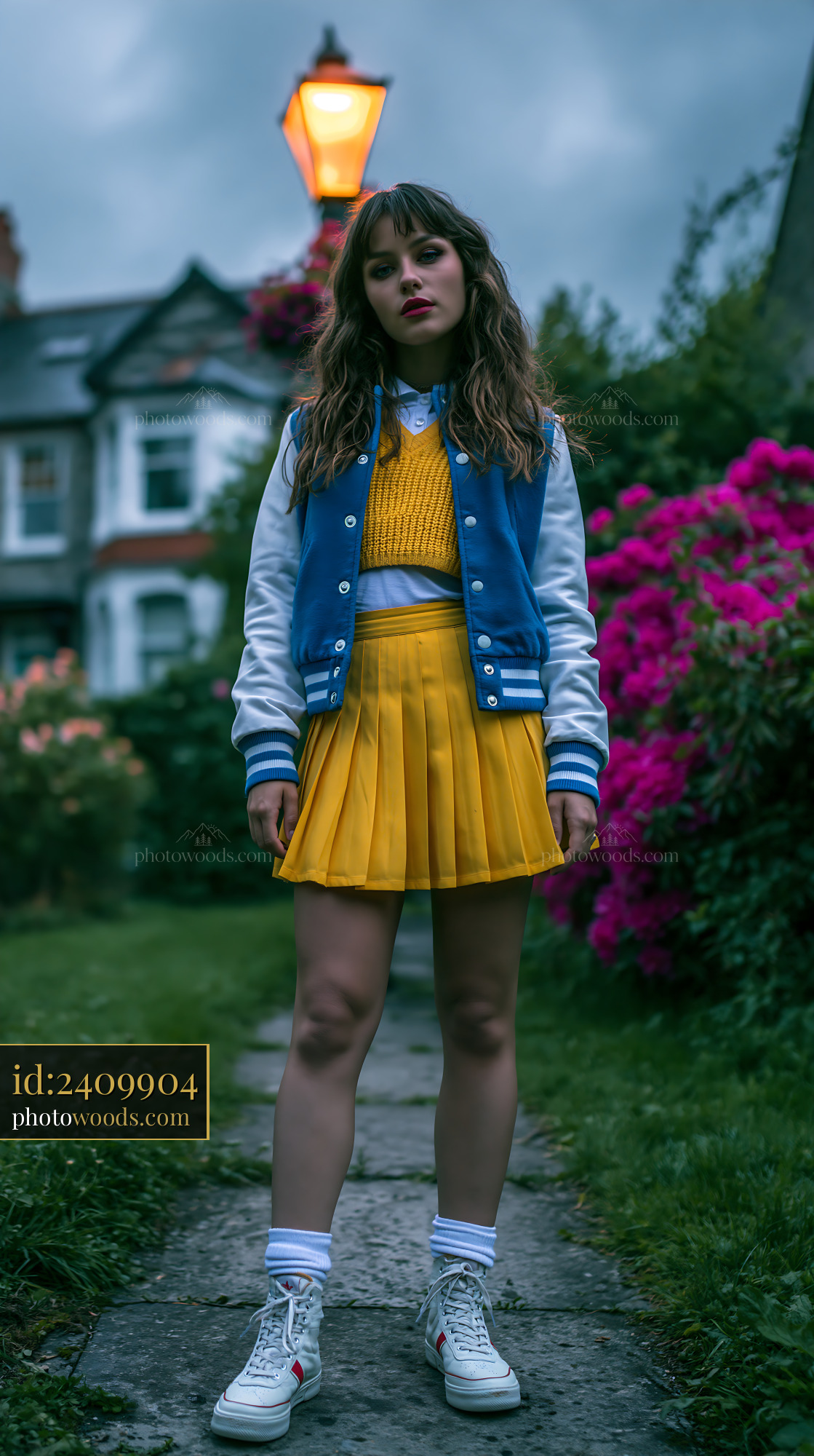 Young Woman in Varsity Jacket With Pleated Skirt in Garden