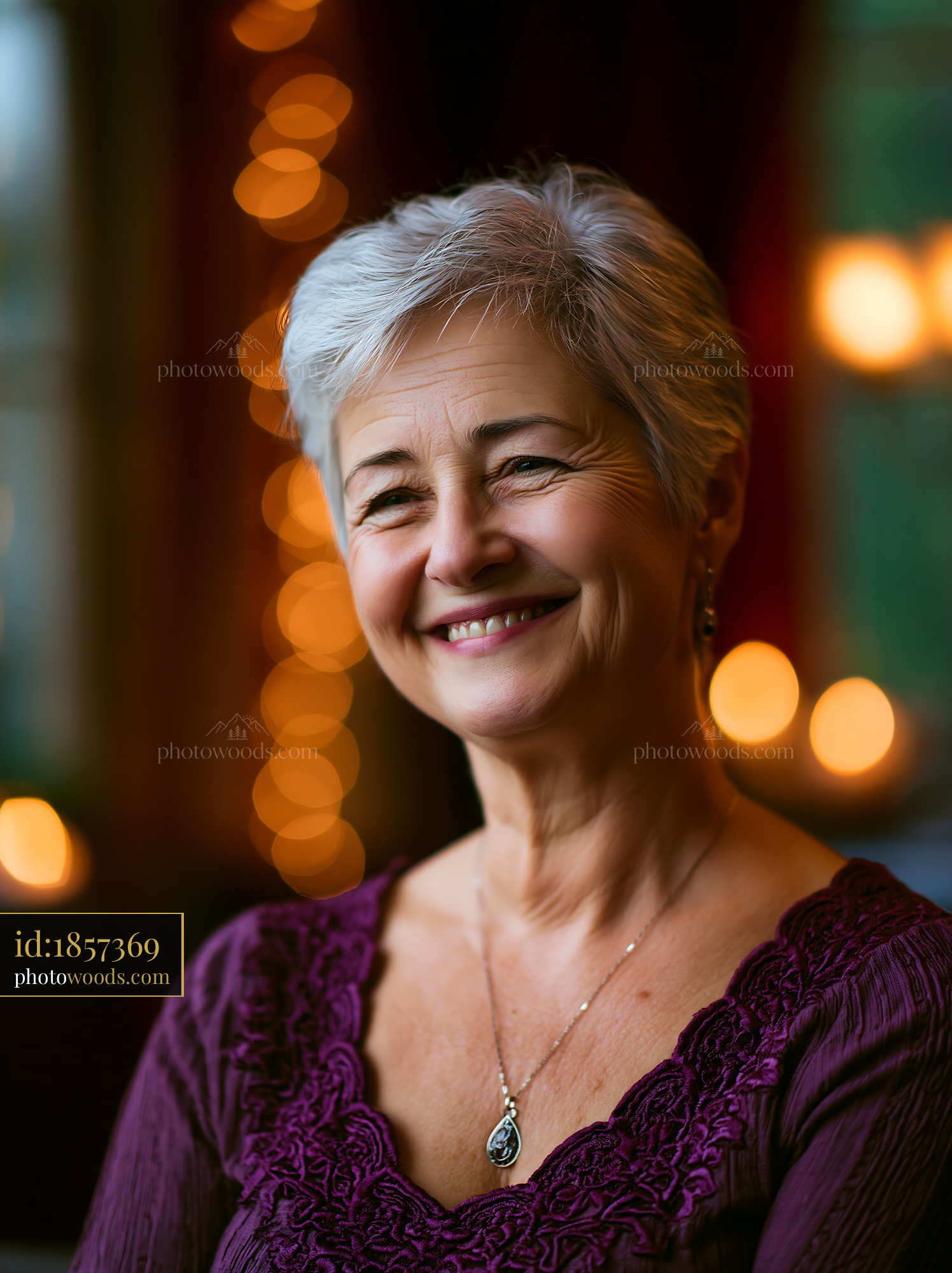 Smiling Woman With Short Hair in Dimly Lit Setting With Lights