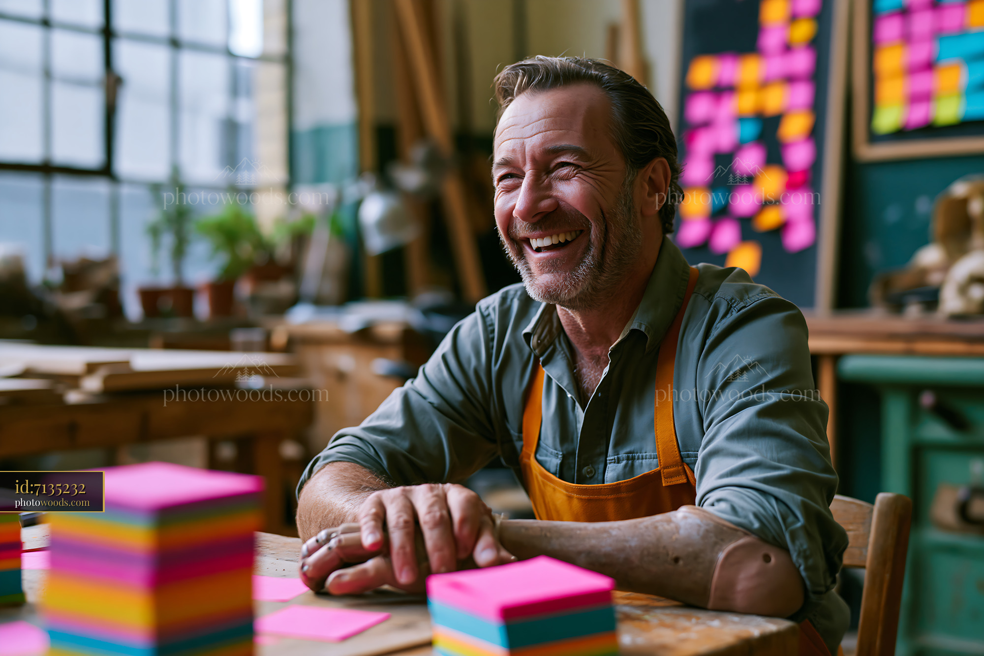 Joyful Craftsman With Prosthetic Hand in Workshop Setting