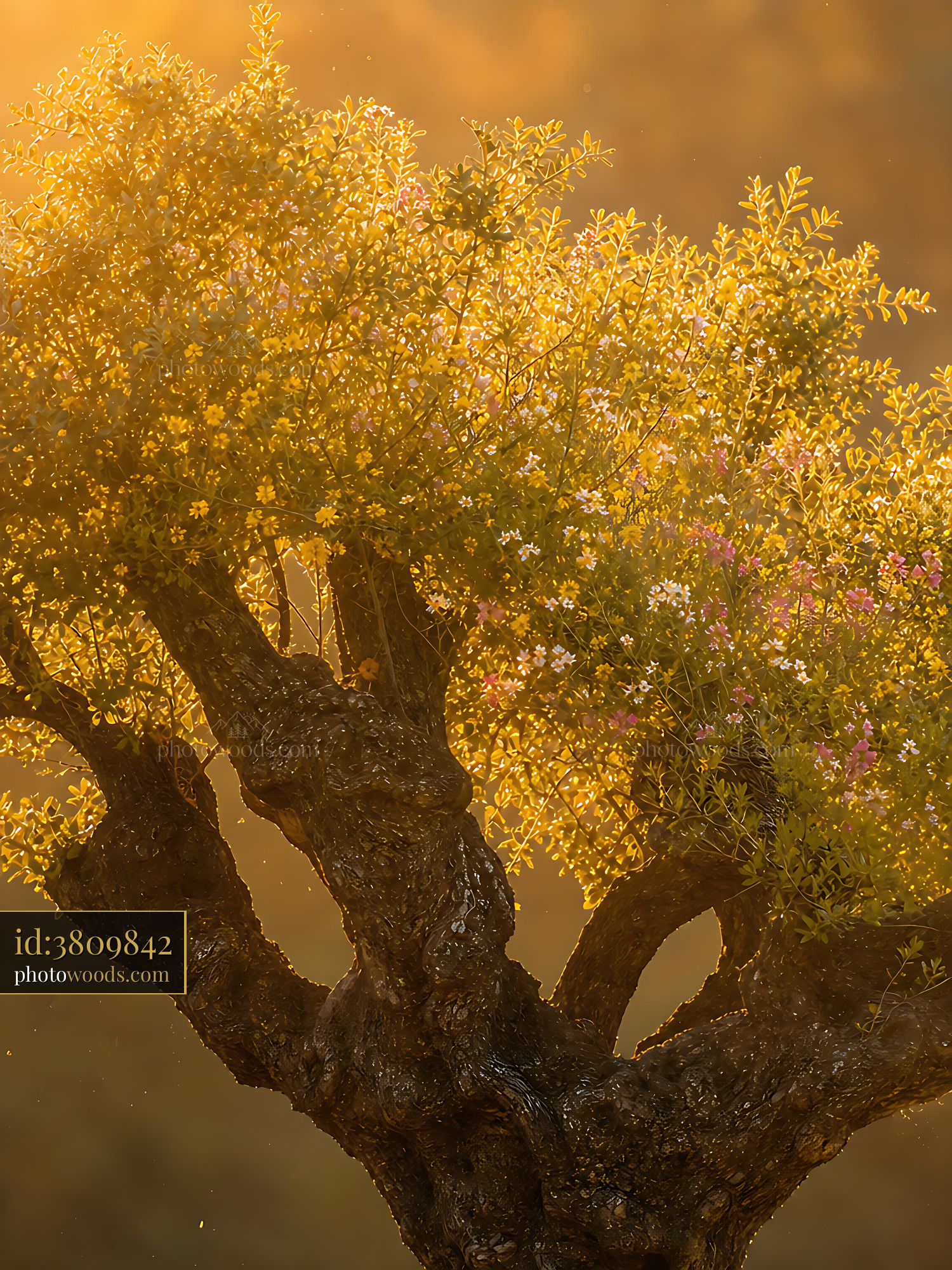 Tree Branches With Golden Light Shining Through Leaves at Sunset