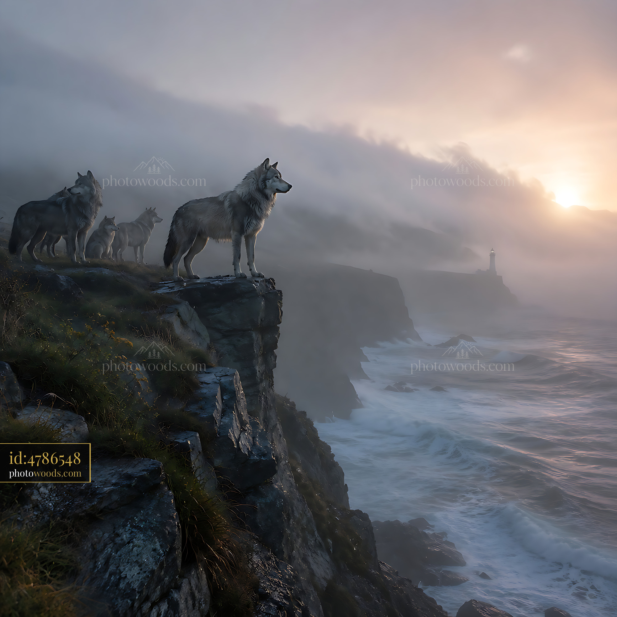 Wolves Stand on Cliff Overlooking Ocean at Sunset With Fog