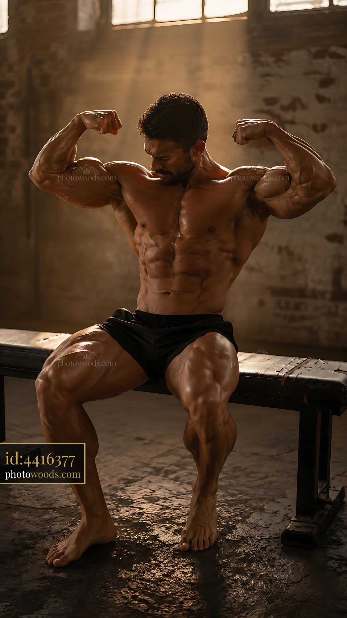 Bodybuilder Flexing Muscles While Sitting on Bench in Gym
