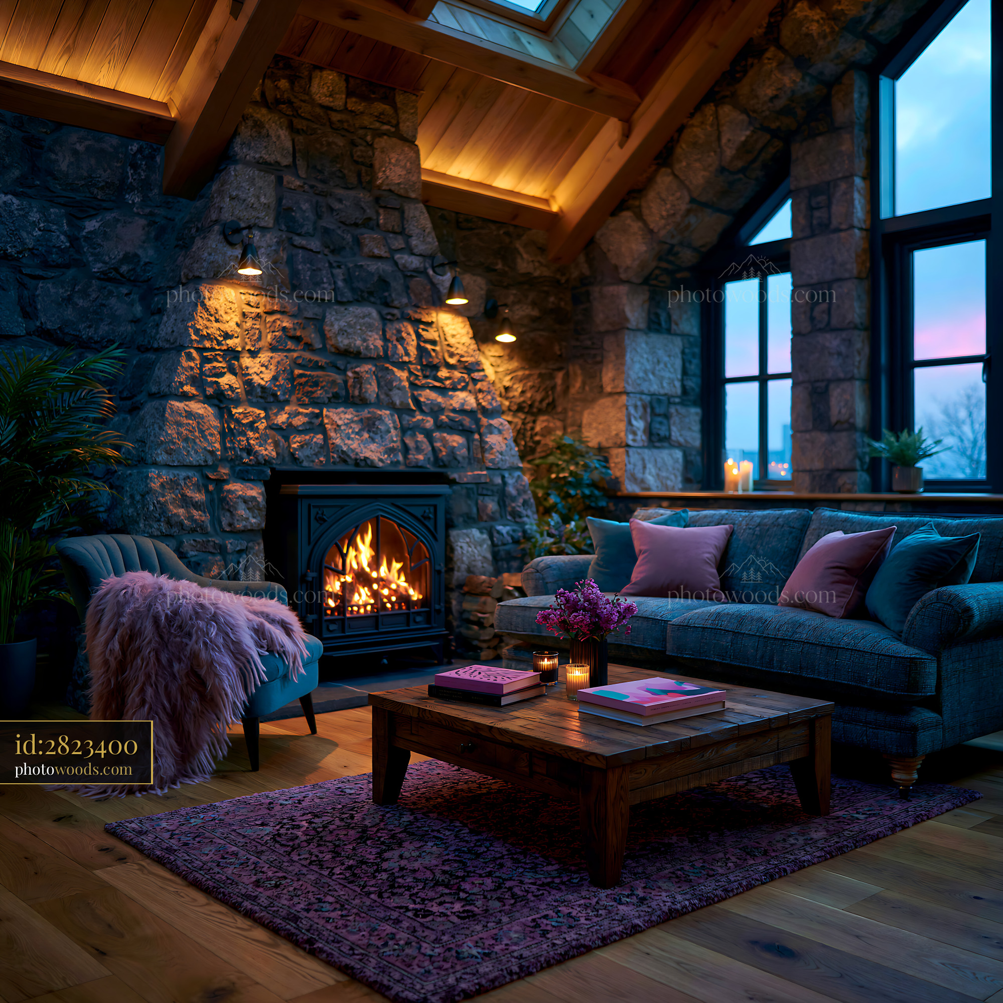 Cozy Chalet Style Lounge With Stone Fireplace at Sunset