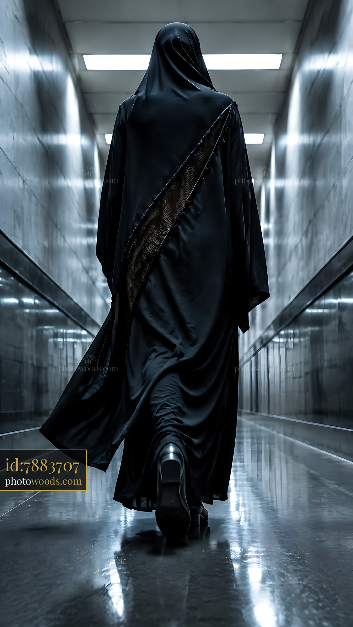 Person Wearing Black Attire Walking in a Dark Hallway