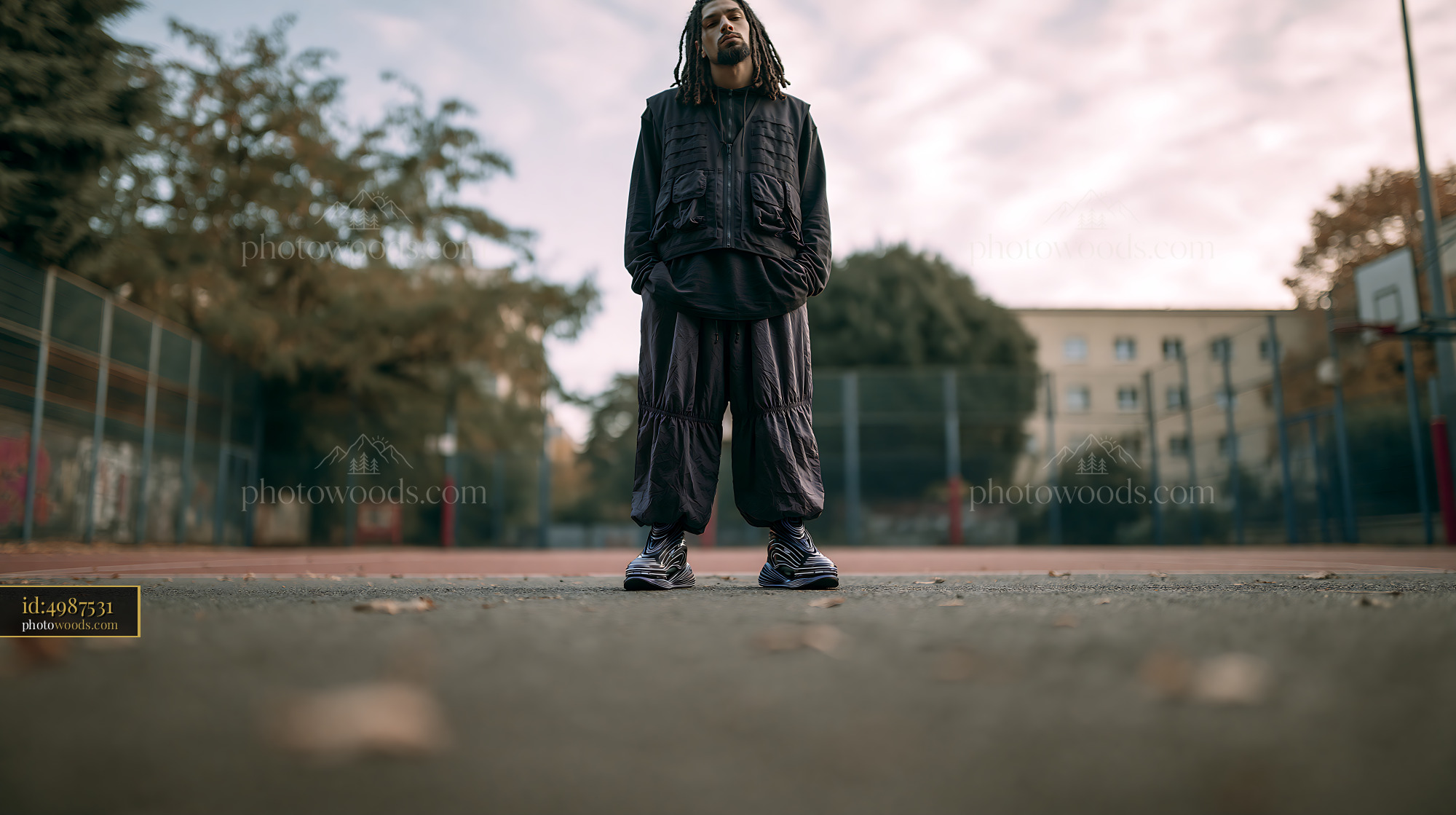 Man in Tactical Vest Standing Alone on Urban Basketball Court