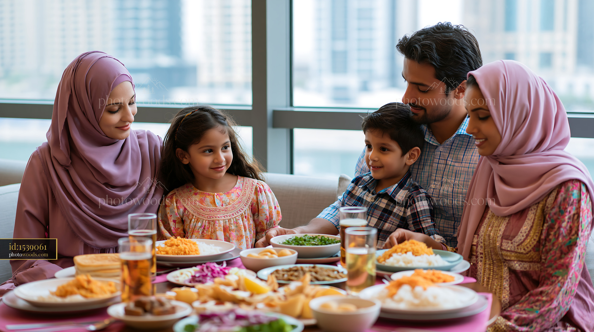 Family Sharing an Iftar Dinner by the Window in Dubai