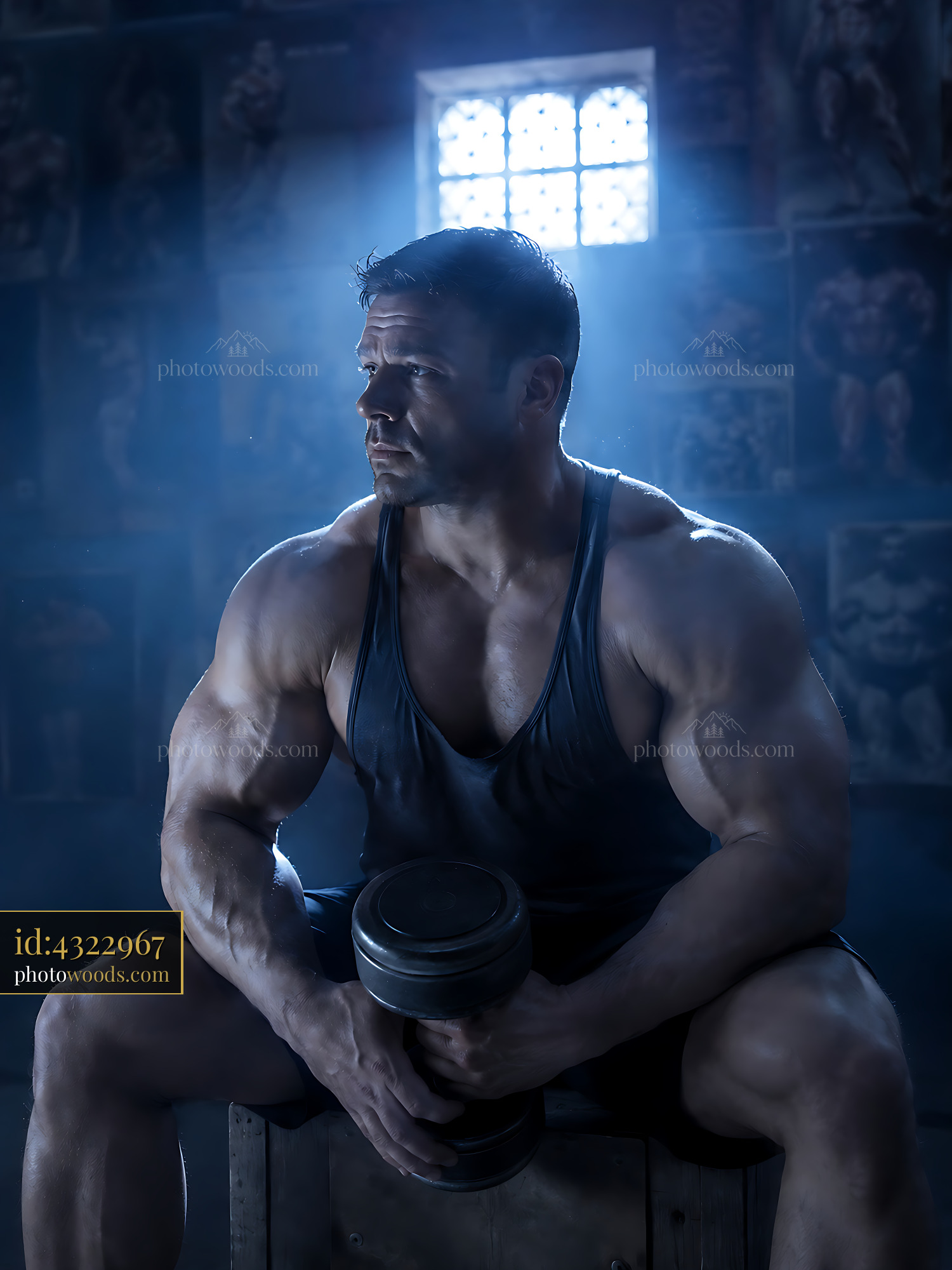 Muscle Man Sitting With Dumbbell in Dark Gym With Sunlight Streaming
