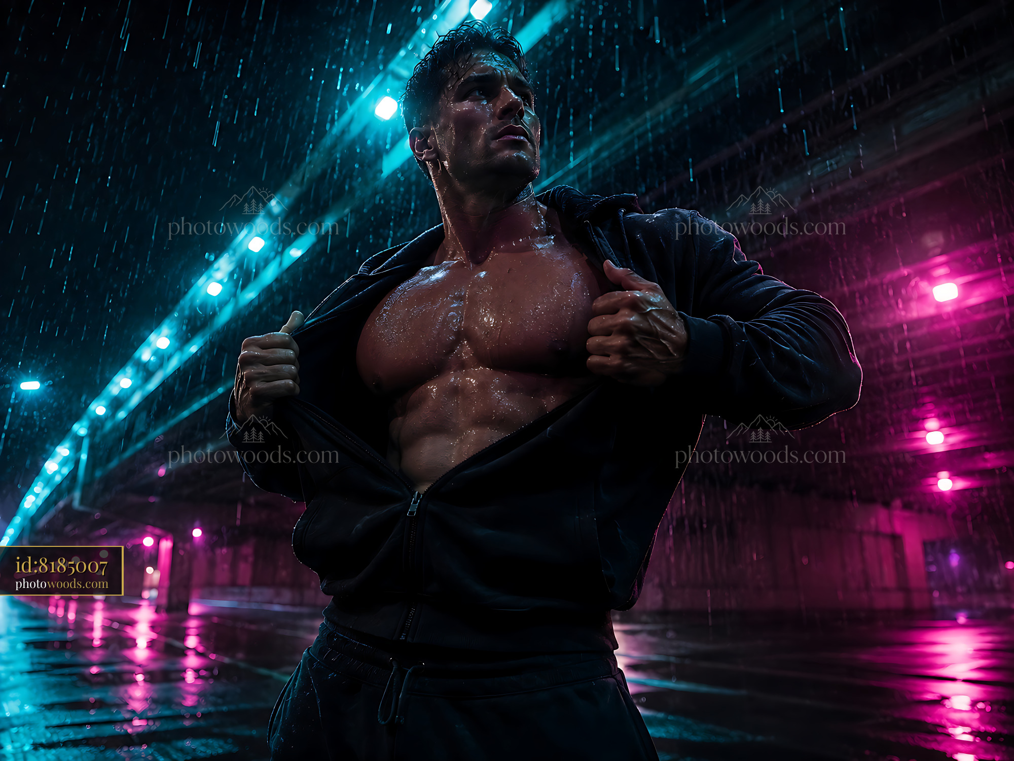 Muscular Man Standing in the Rain at Night With City Lights
