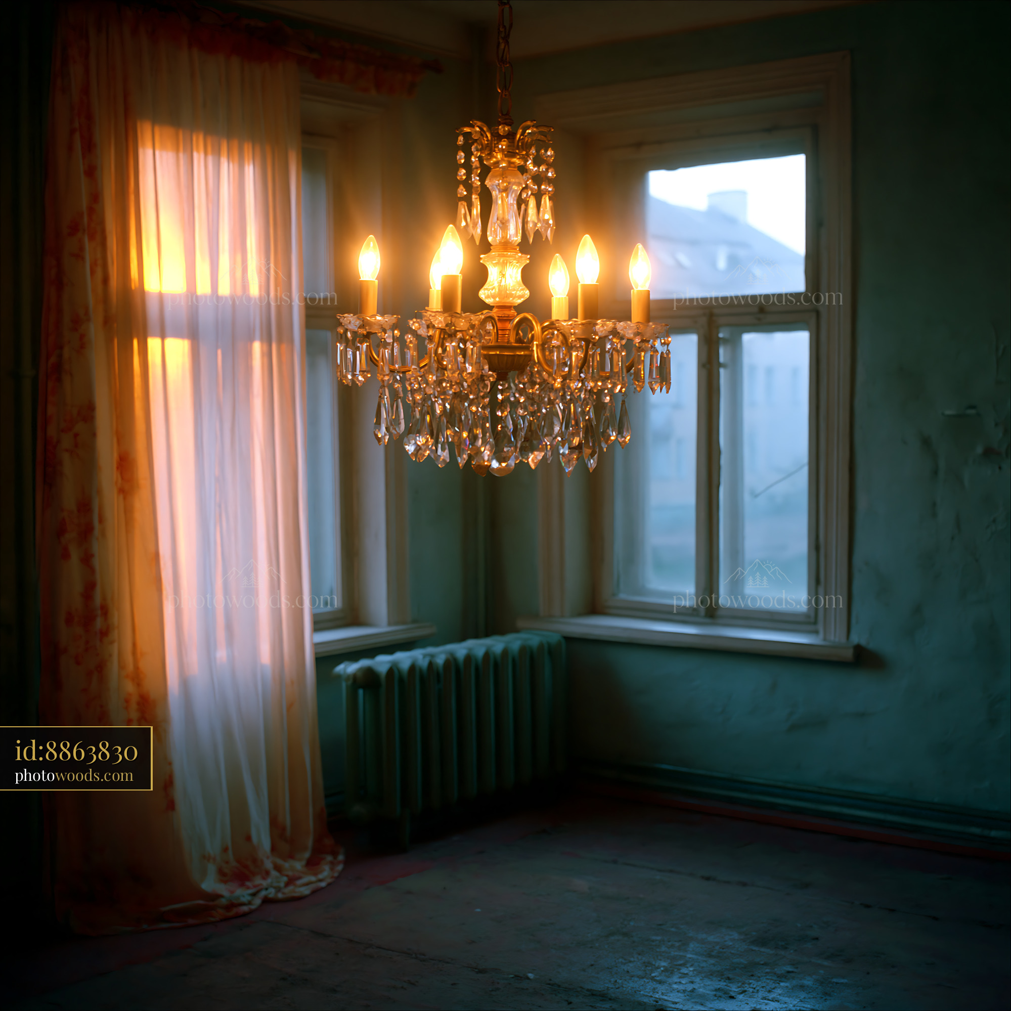 Chandelier in an Empty Room With Soft Light and Curtains