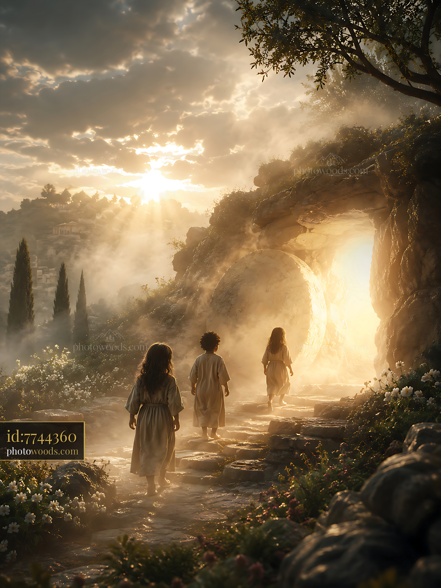 Children Walk Towards Light Through a Stone Arch at Sunset